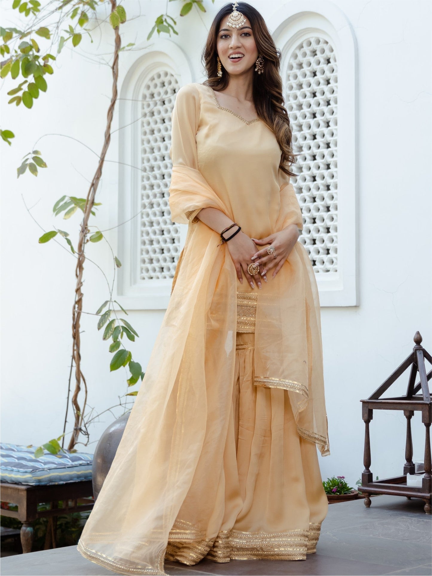 Beige Short Kurta Sharara Set