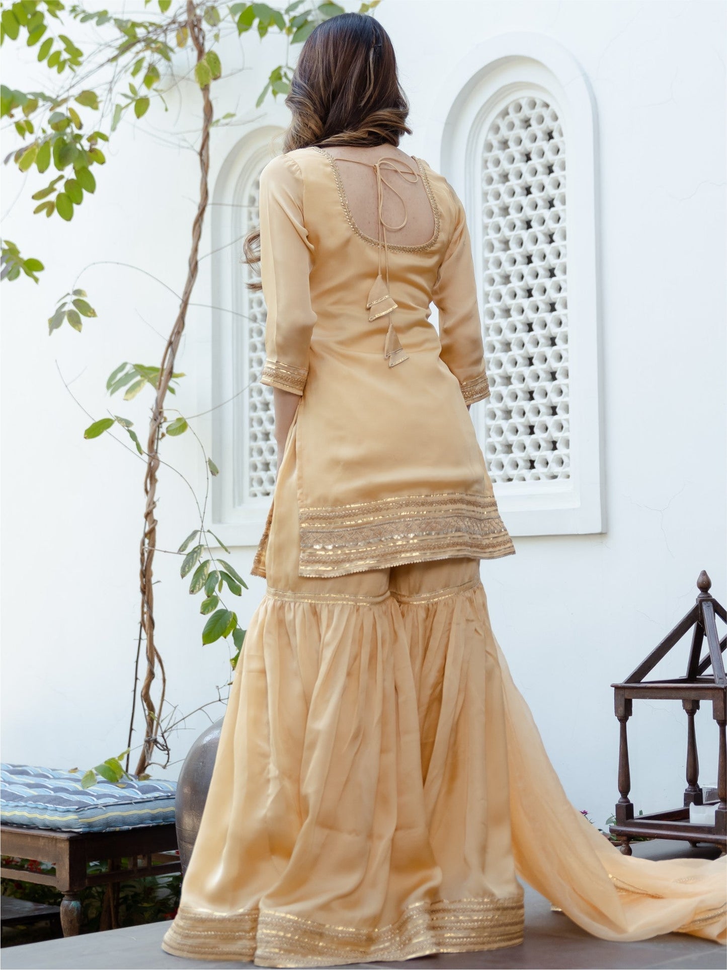 Beige Short Kurta Sharara Set