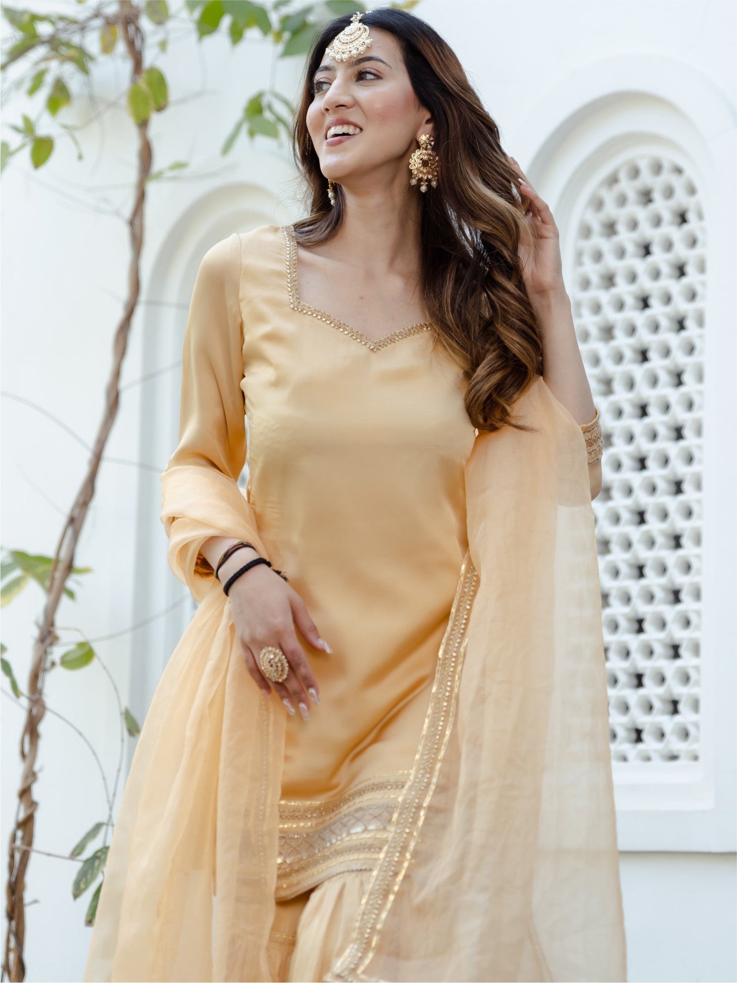 Beige Short Kurta Sharara Set