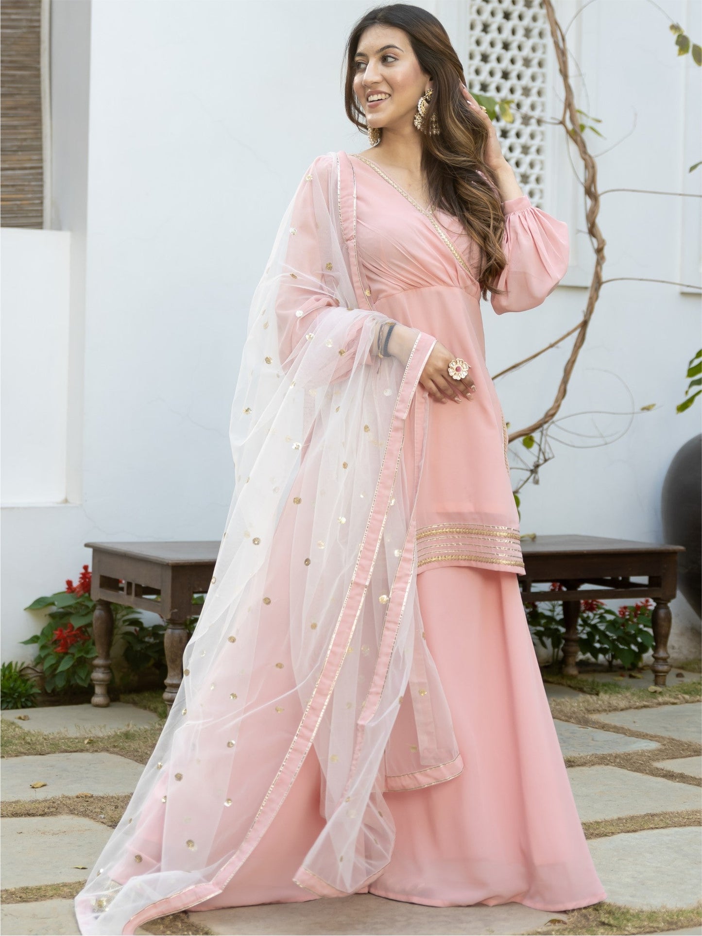 Baby Pink Kurta Flared Palazzo Set