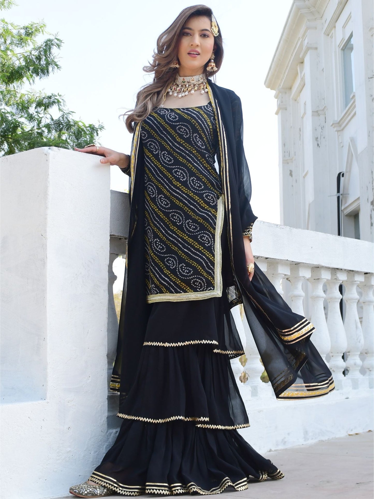 Black bandhni Print Kurta And Sharara Set