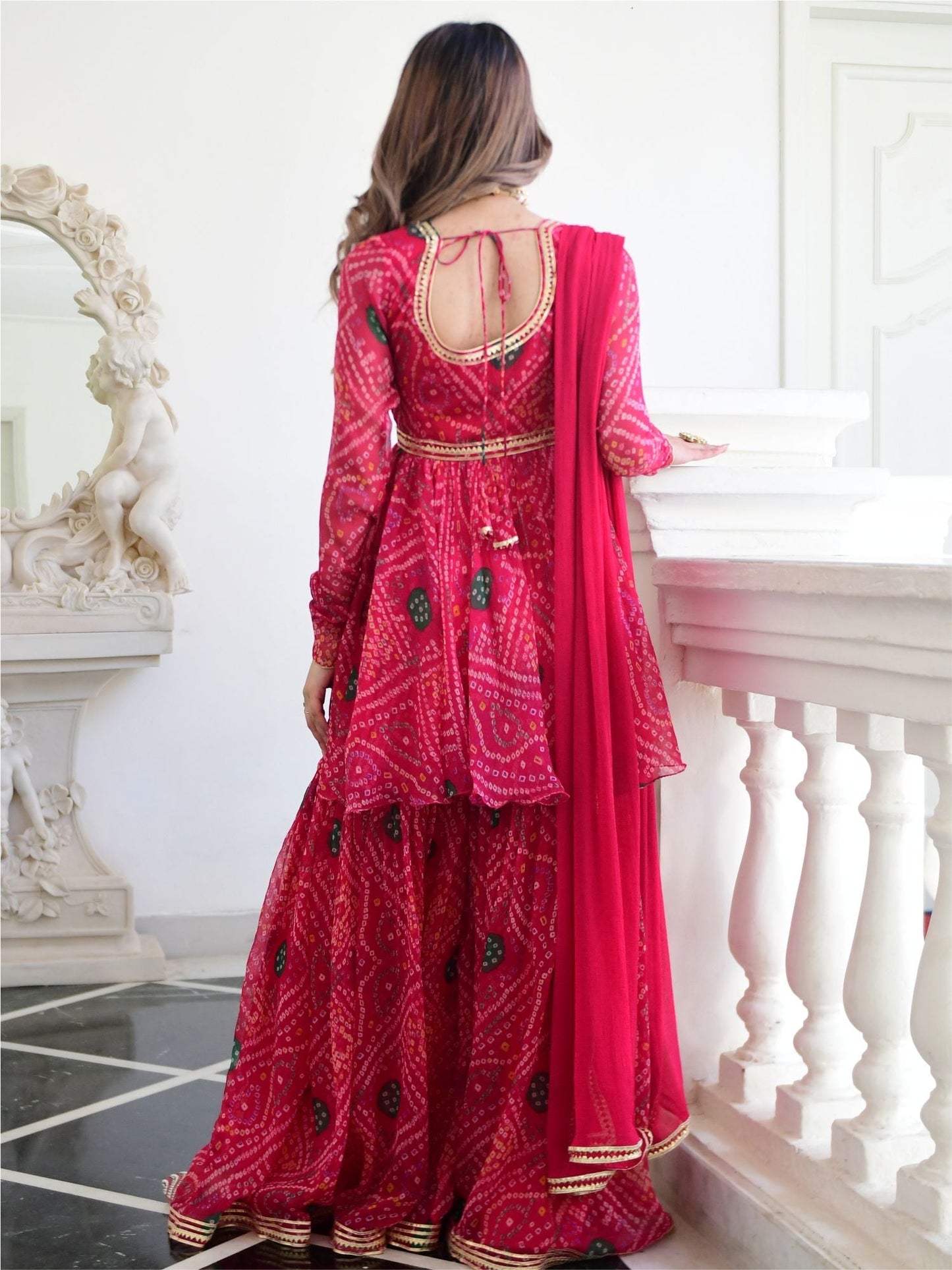 Pink Bandhni Print Kurta And Sharara Set