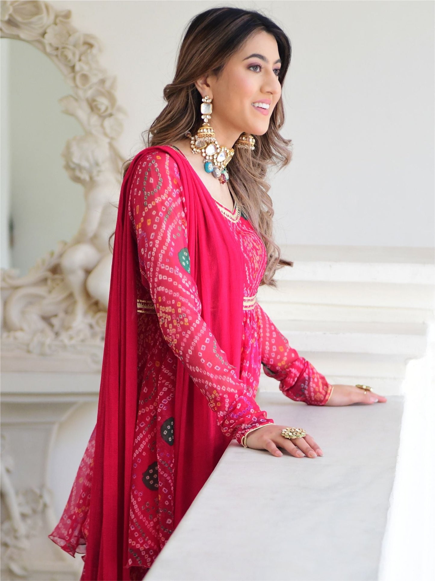 Pink Bandhni Print Kurta And Sharara Set