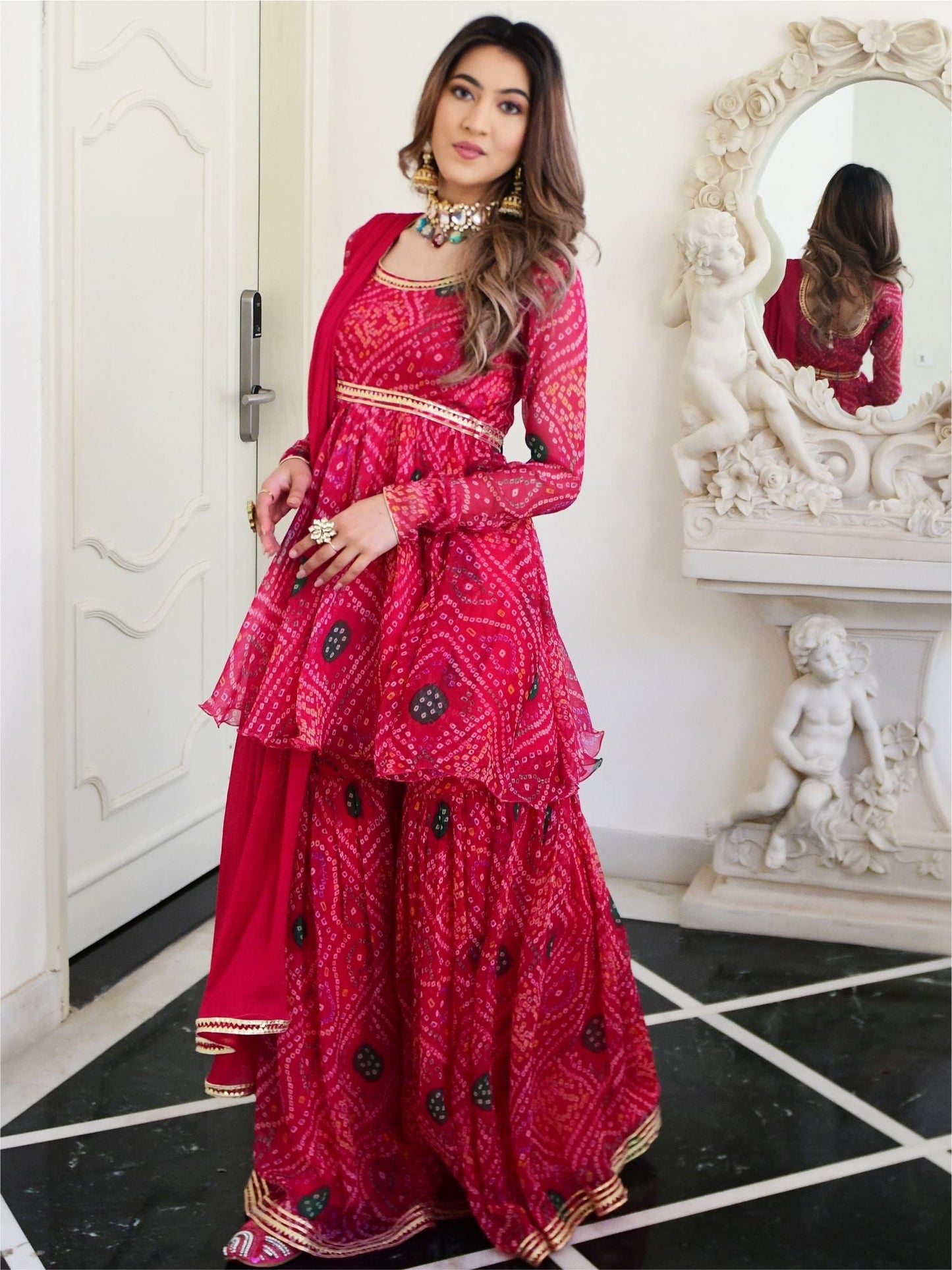 Pink Bandhni Print Kurta And Sharara Set