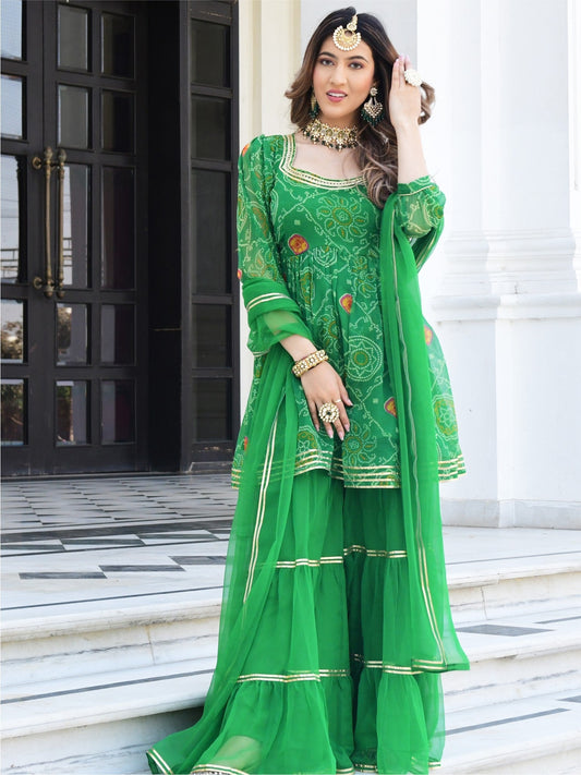Green Bandhni Print Kurta And Sharara Set