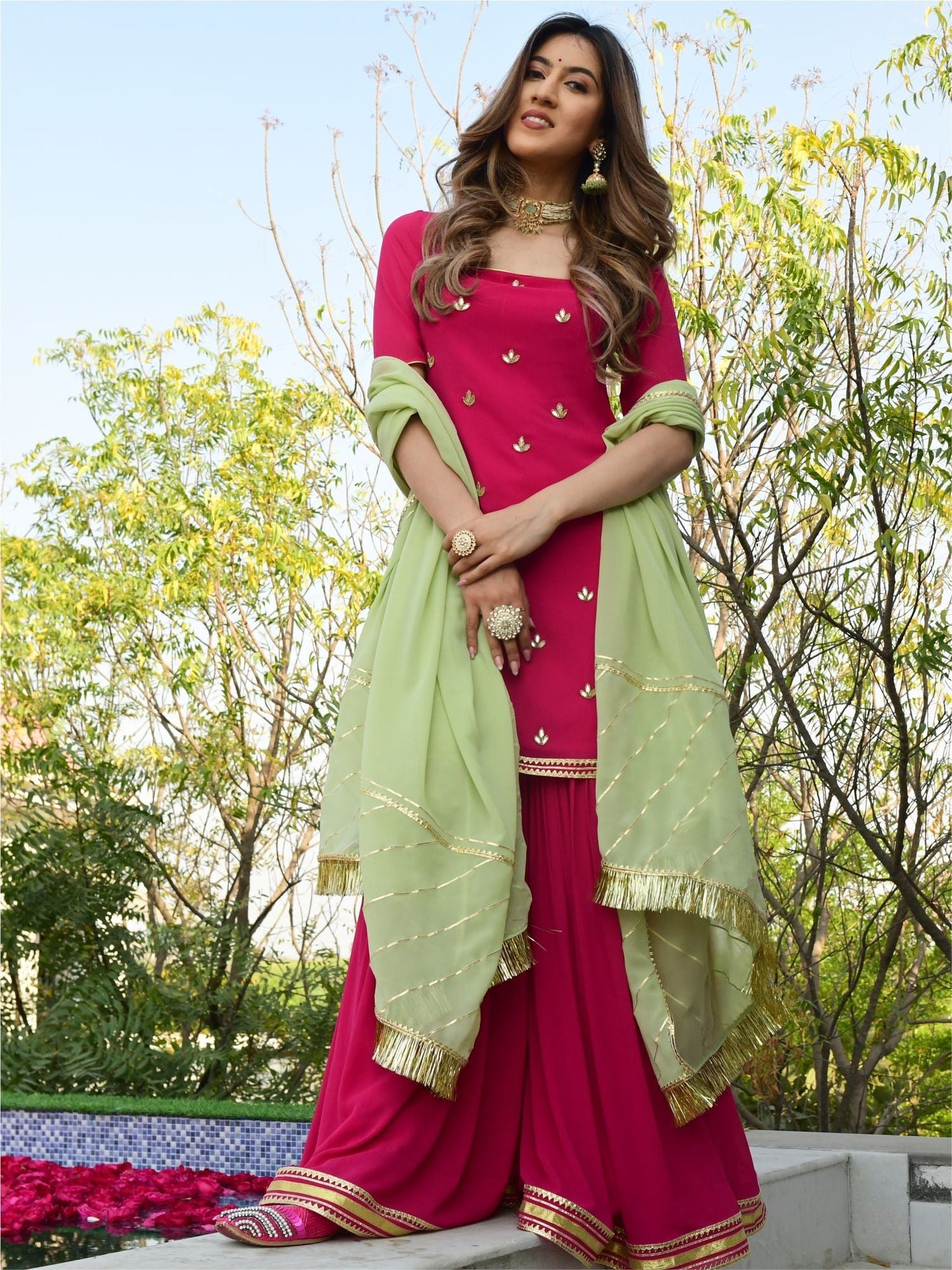 Pink georgette kurta and sharara set