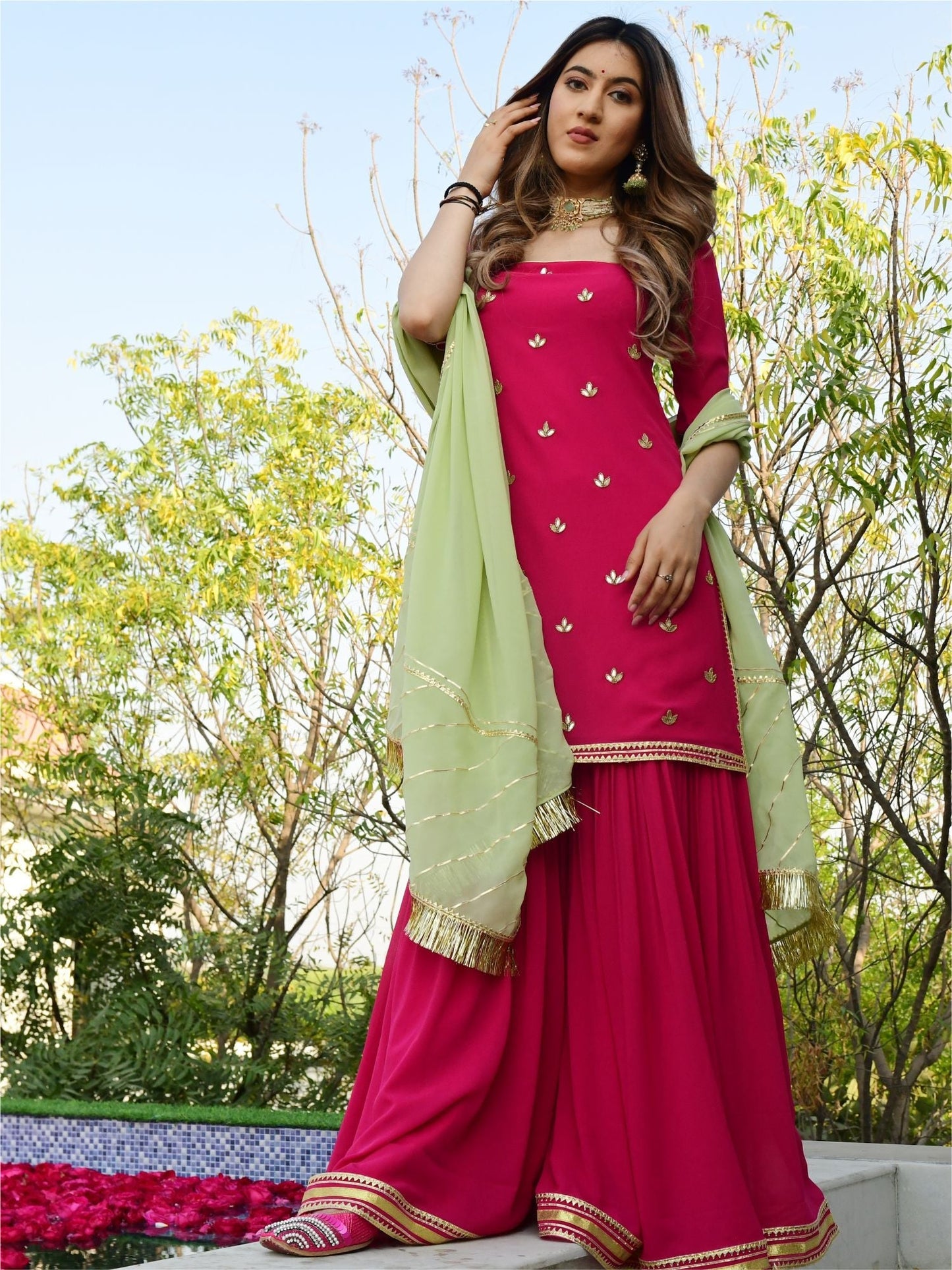 Pink georgette kurta and sharara set