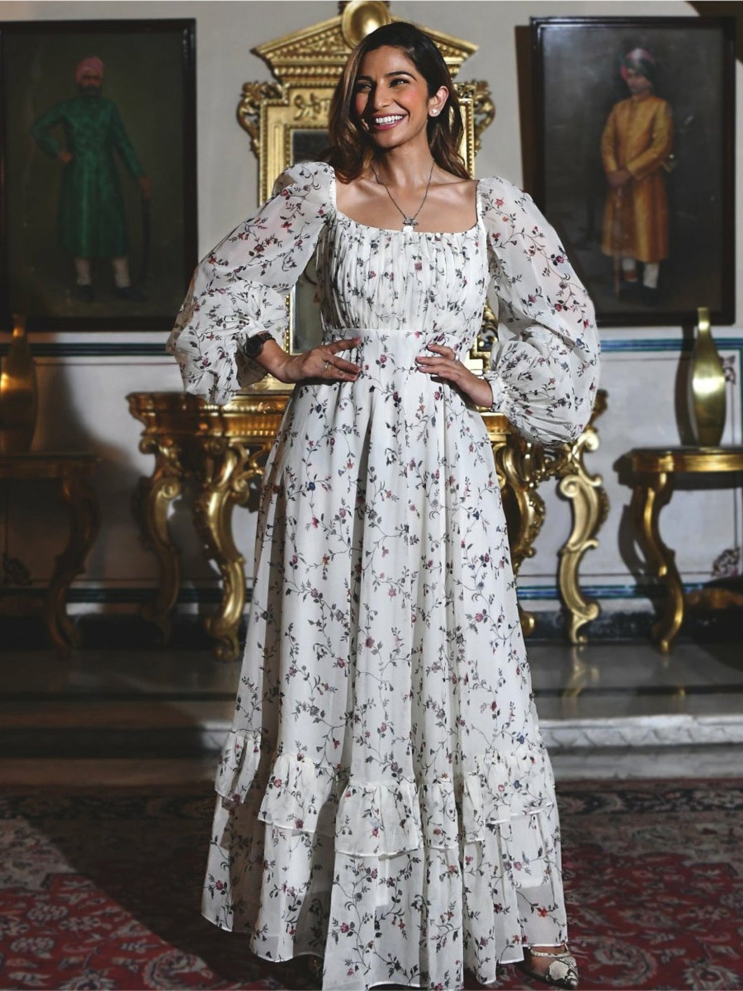 Off White Floral Print Flared Dress