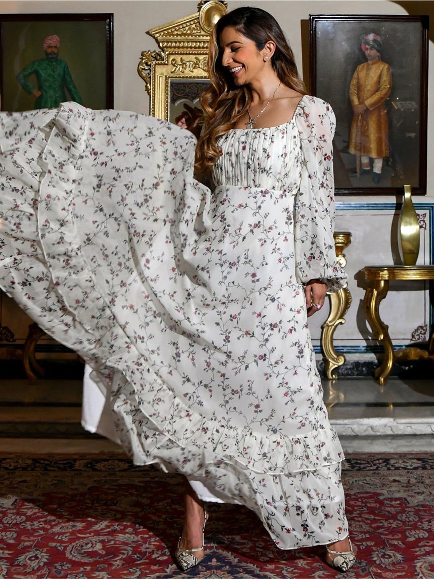 Off White Floral Print Flared Dress