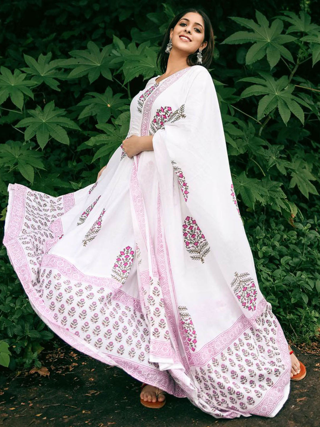 White Block Print Kurta Pant Set