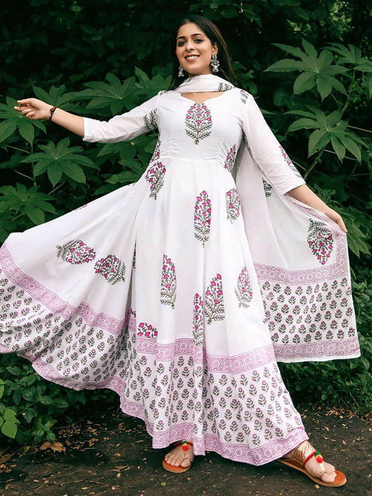 White Block Print Kurta Pant Set