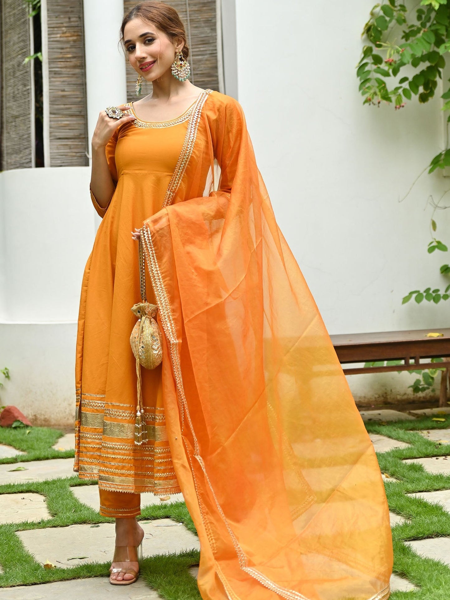 Orange Cotton Anarkali Set