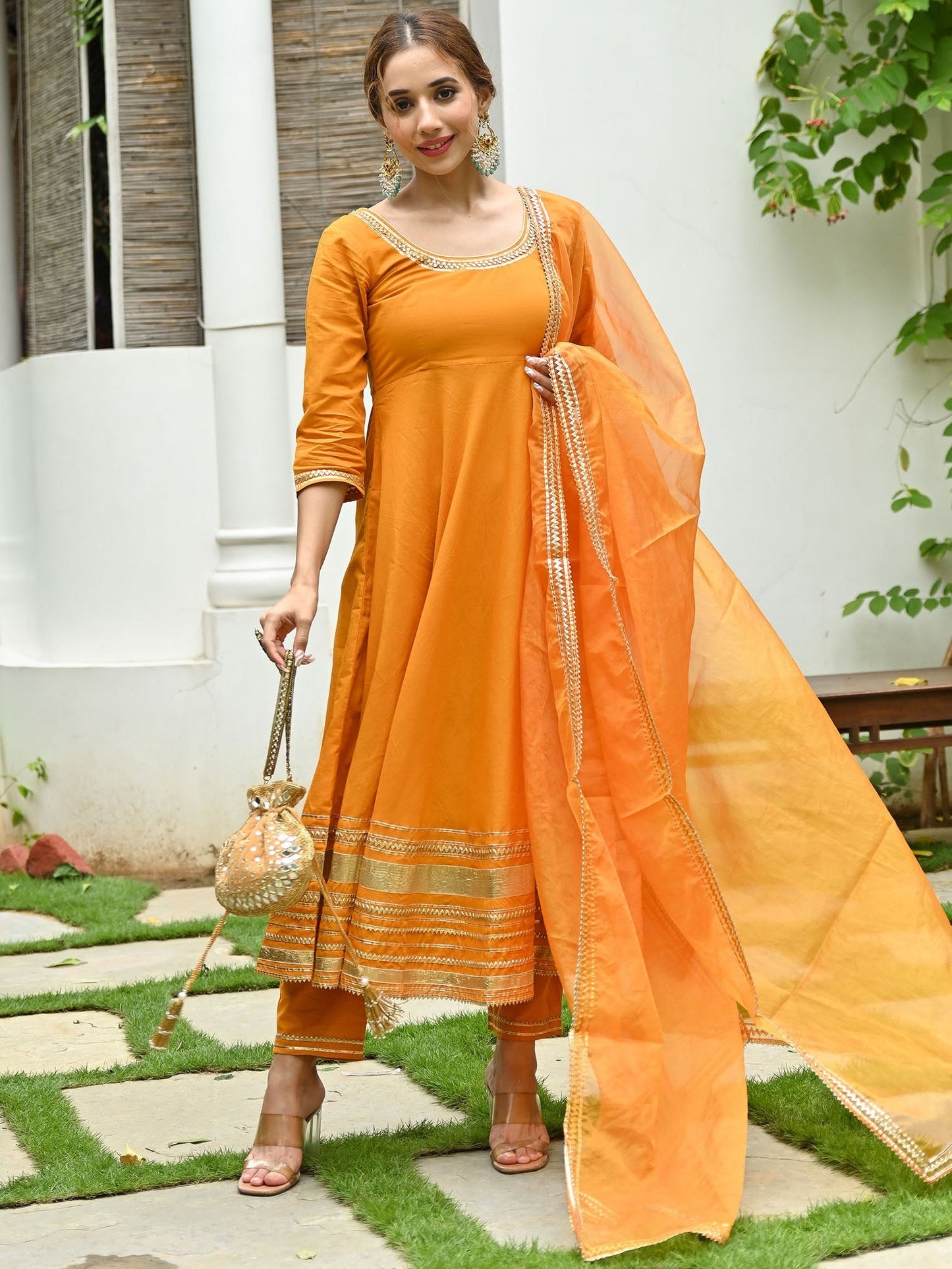 Orange Cotton Anarkali Set