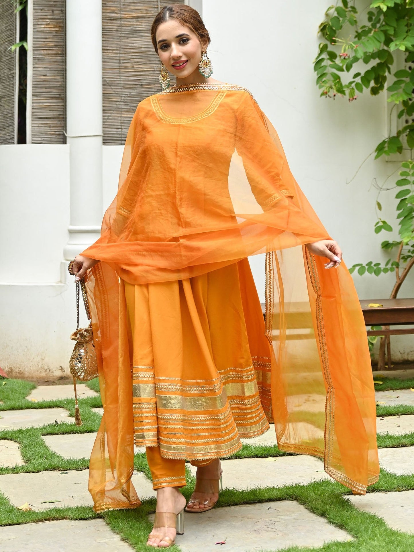 Orange Cotton Anarkali Set