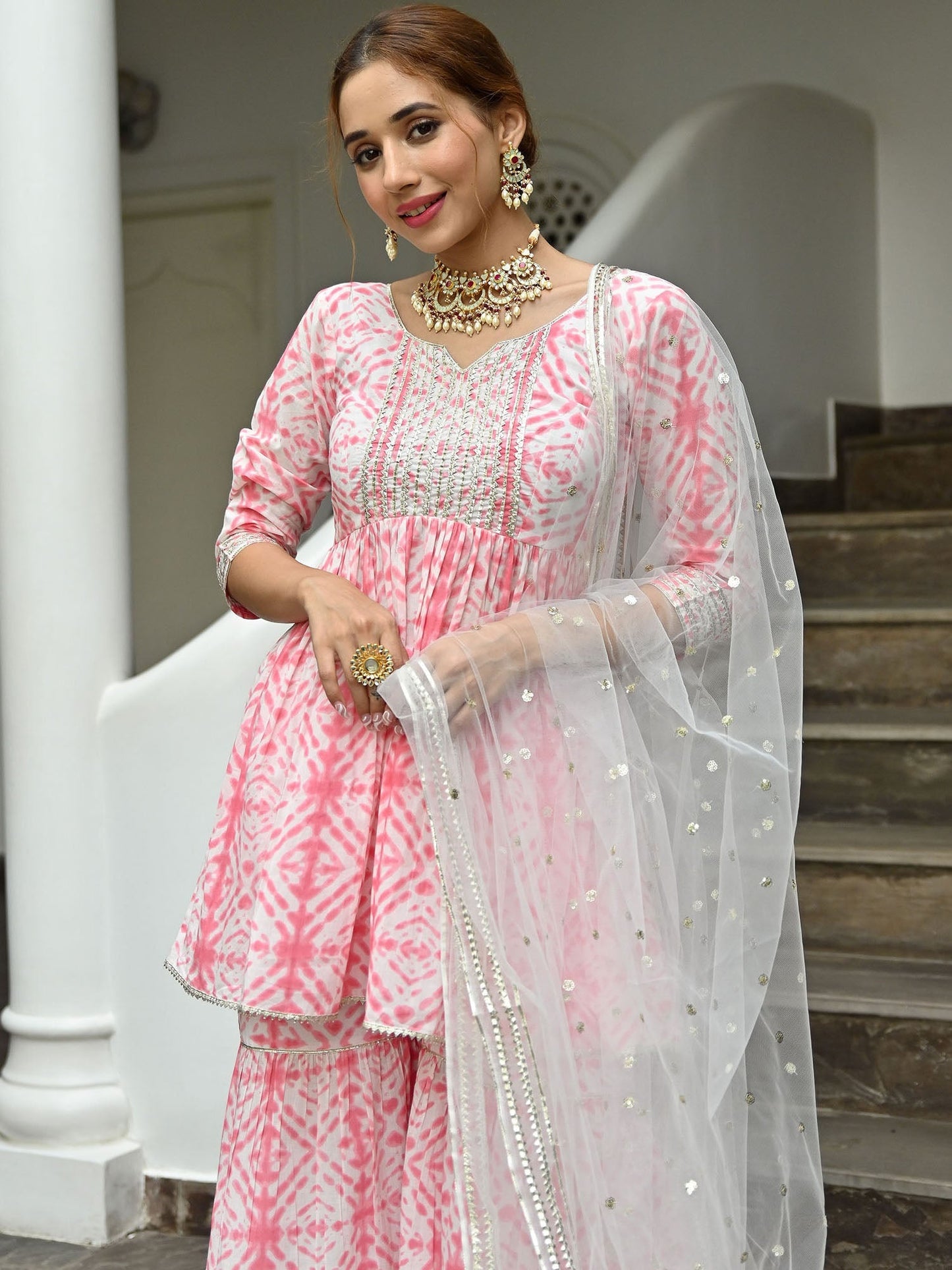 Pink Cotton Printed Sharara Set