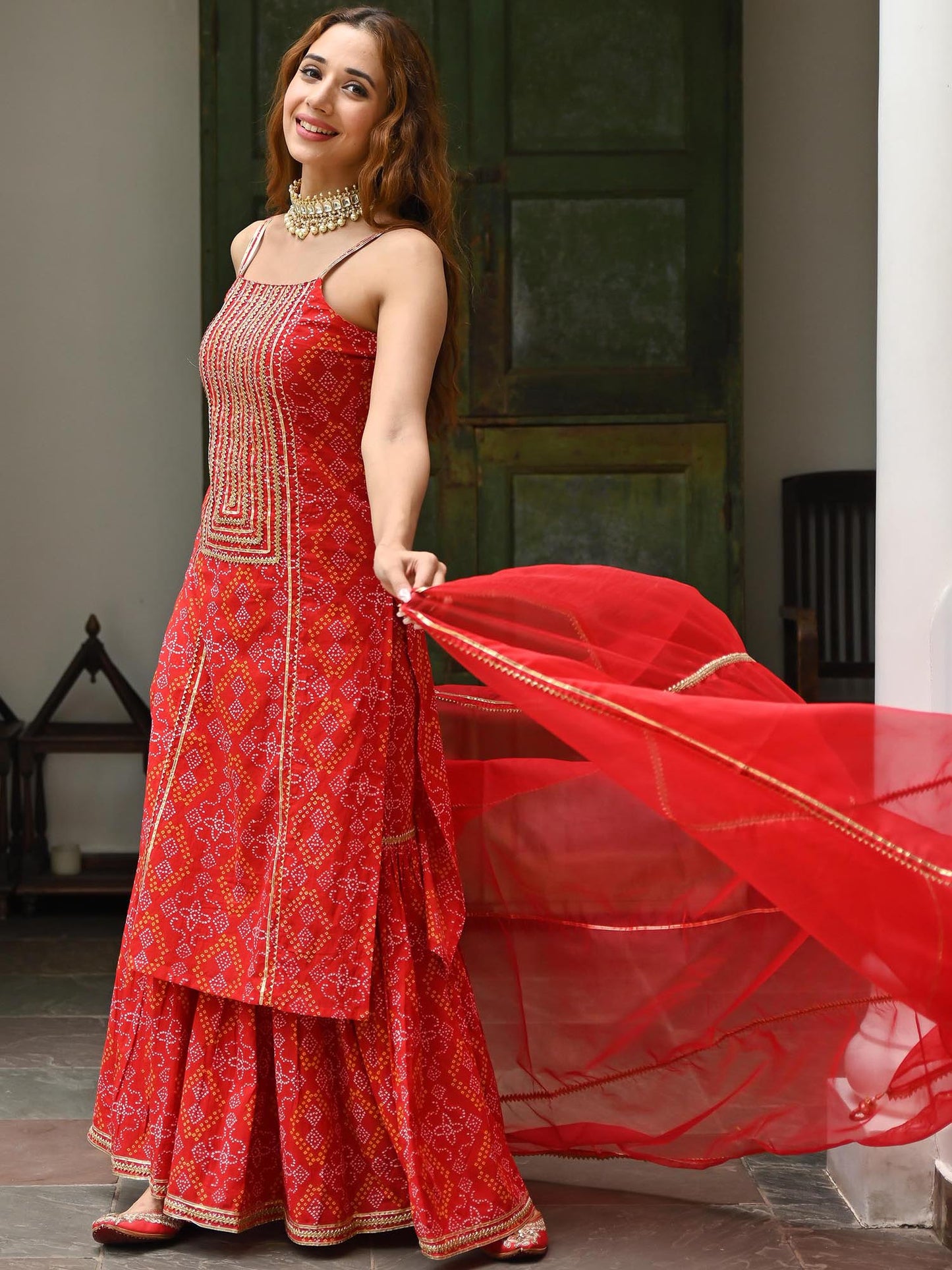 Red Cotton Bandhni Print Sharara Set