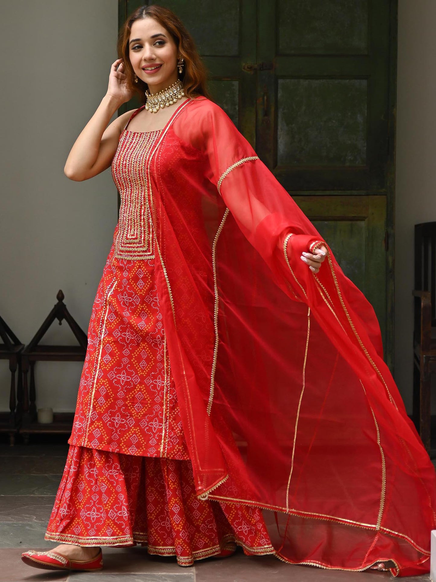 Red Cotton Bandhni Print Sharara Set