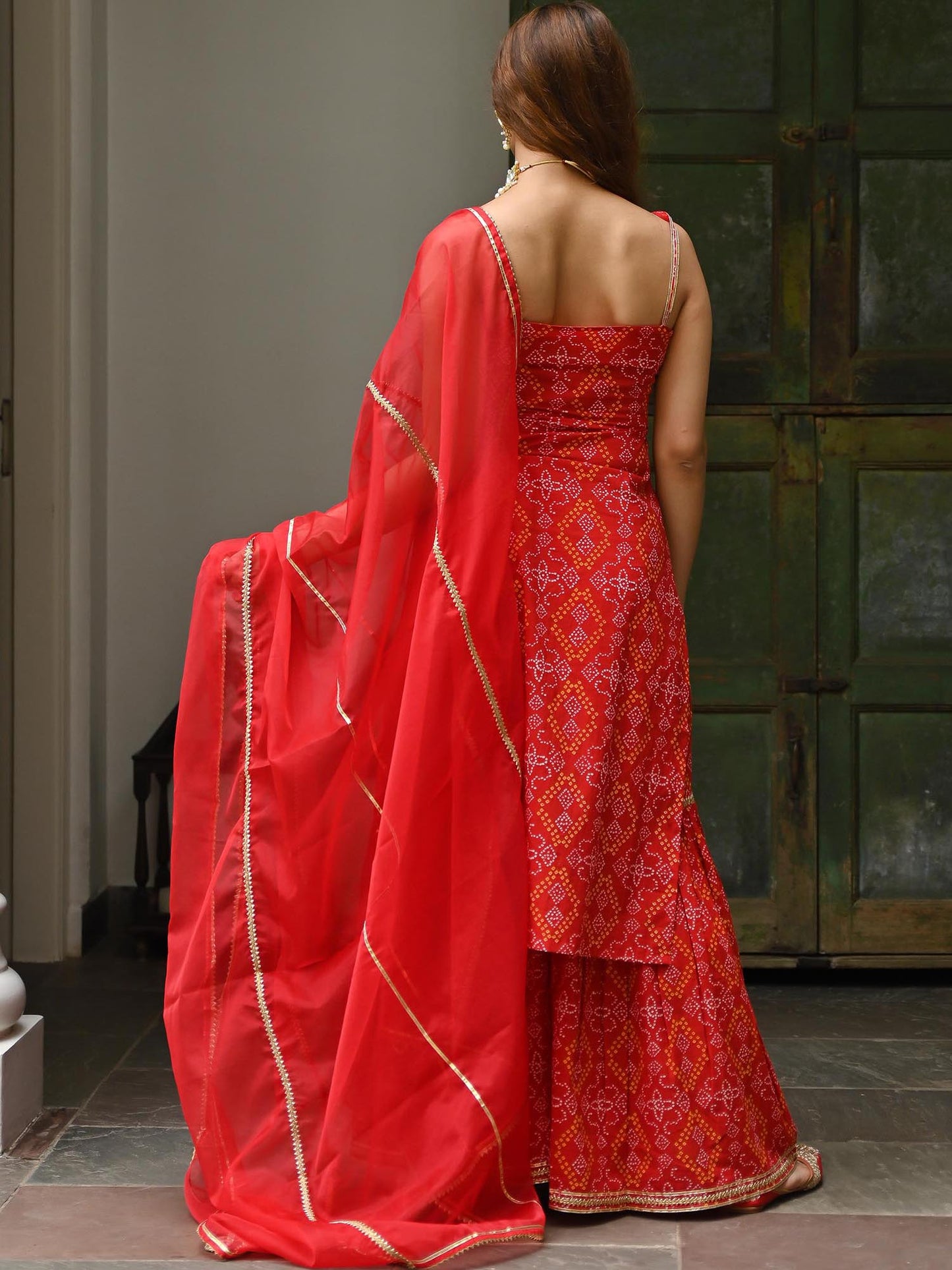 Red Cotton Bandhni Print Sharara Set