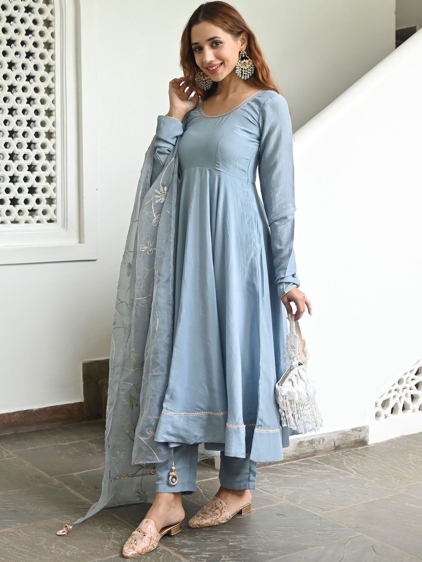 Powder Blue Solid Anarkali Set