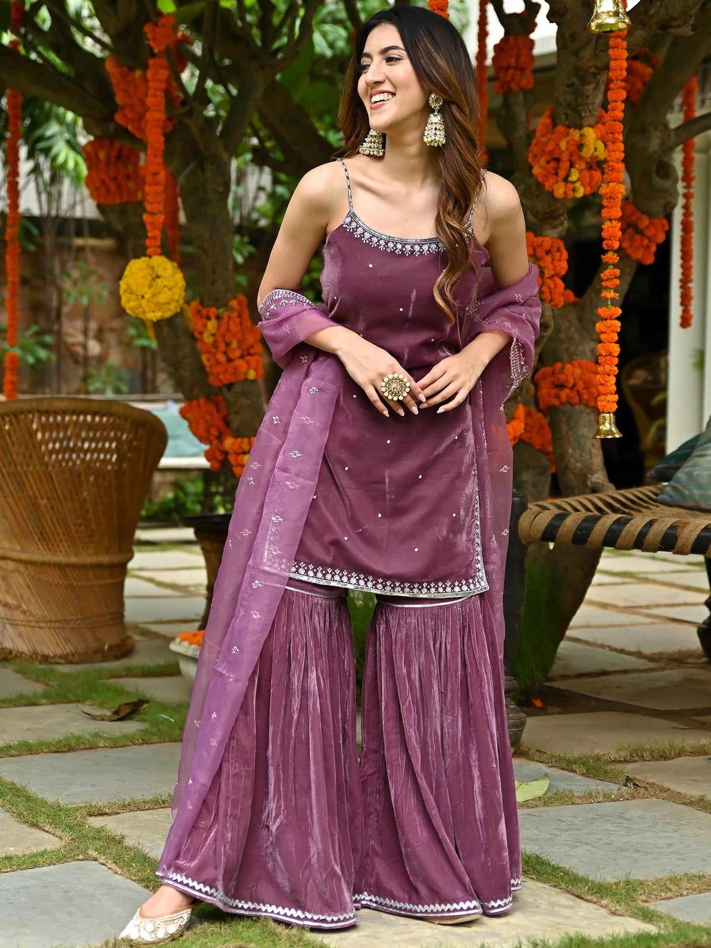 Mauve Velvet Sharara Set