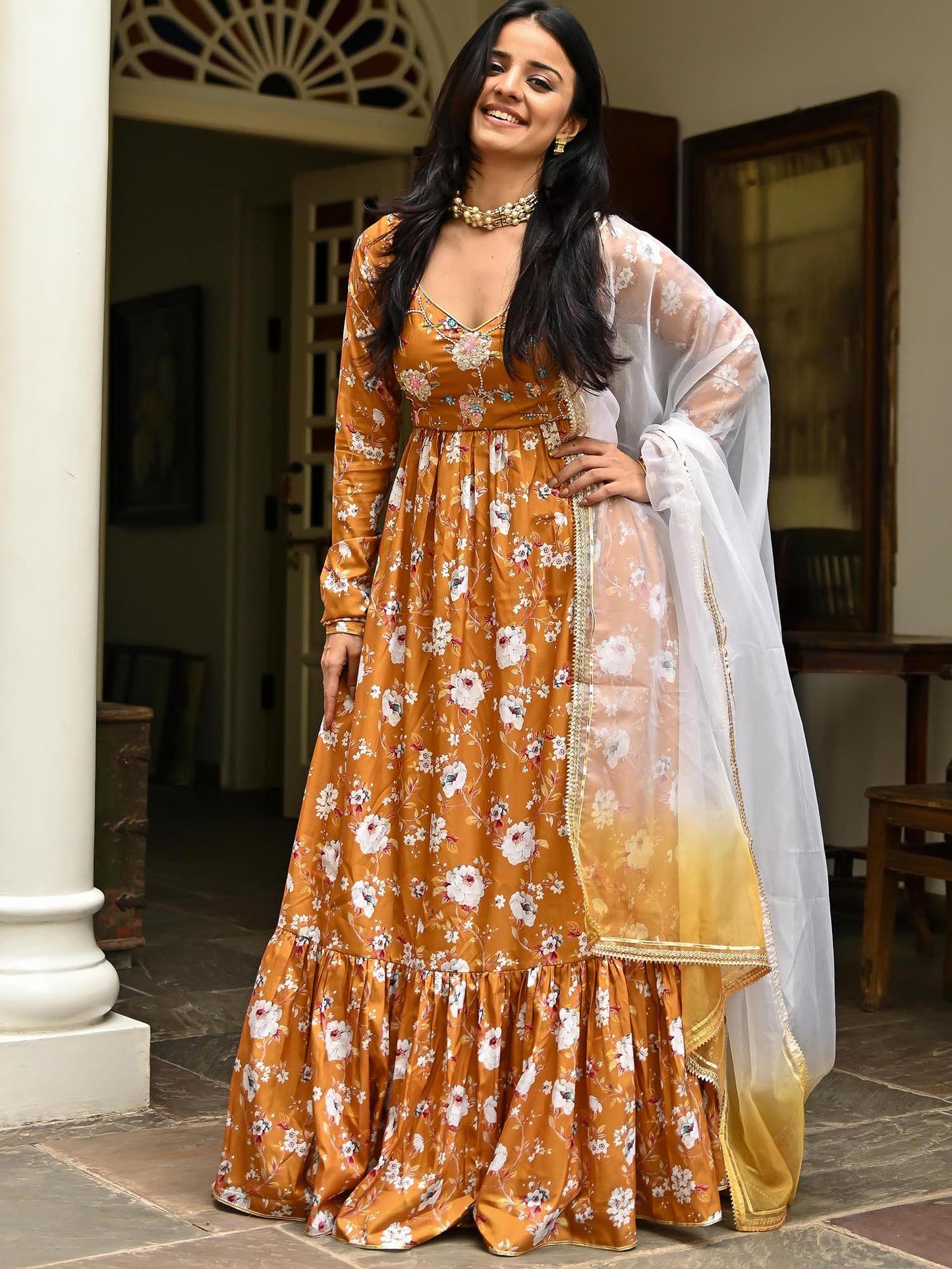 Brown Printed Long Dress