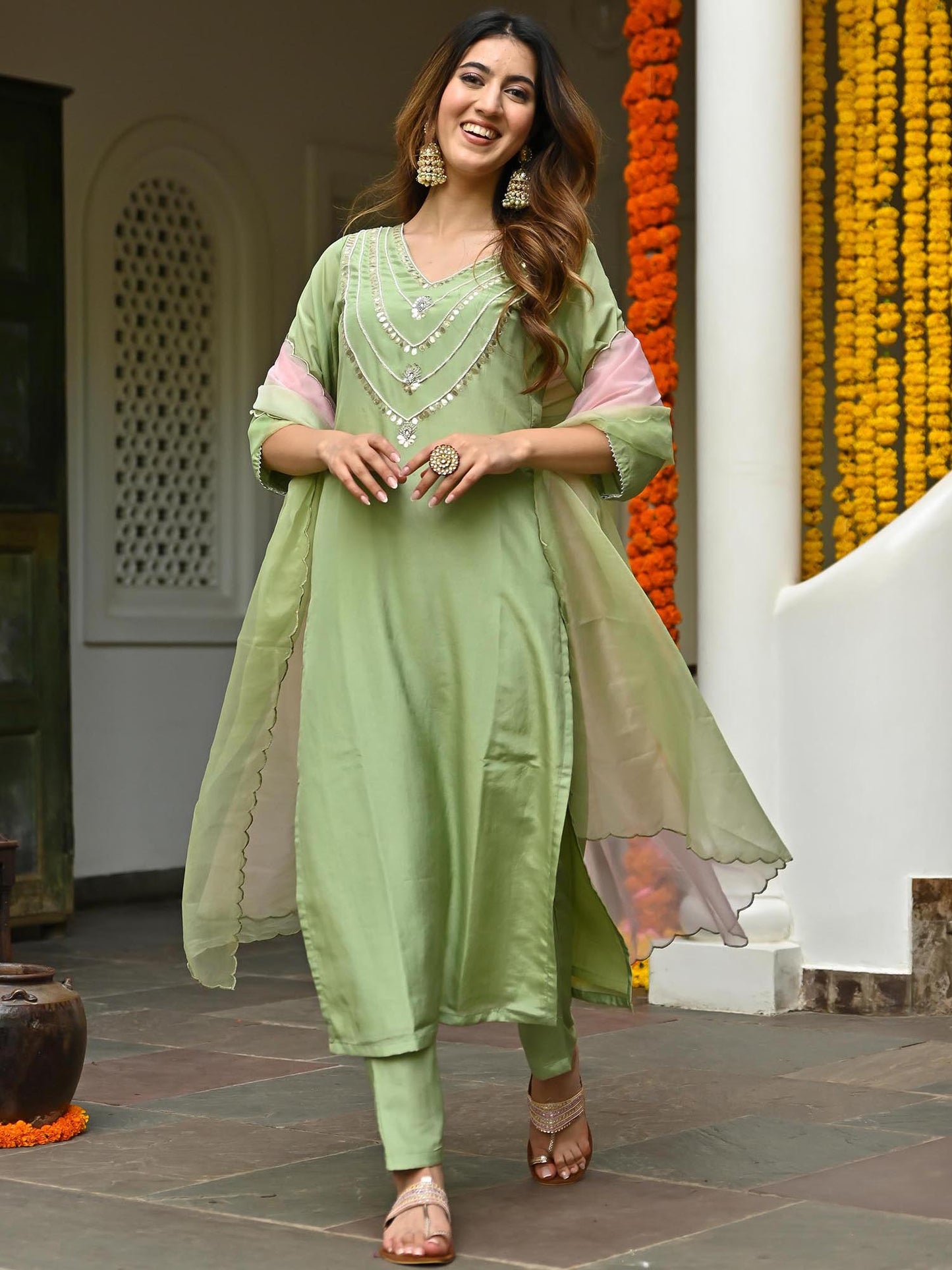 Green Silk Embroidered Kurta Set