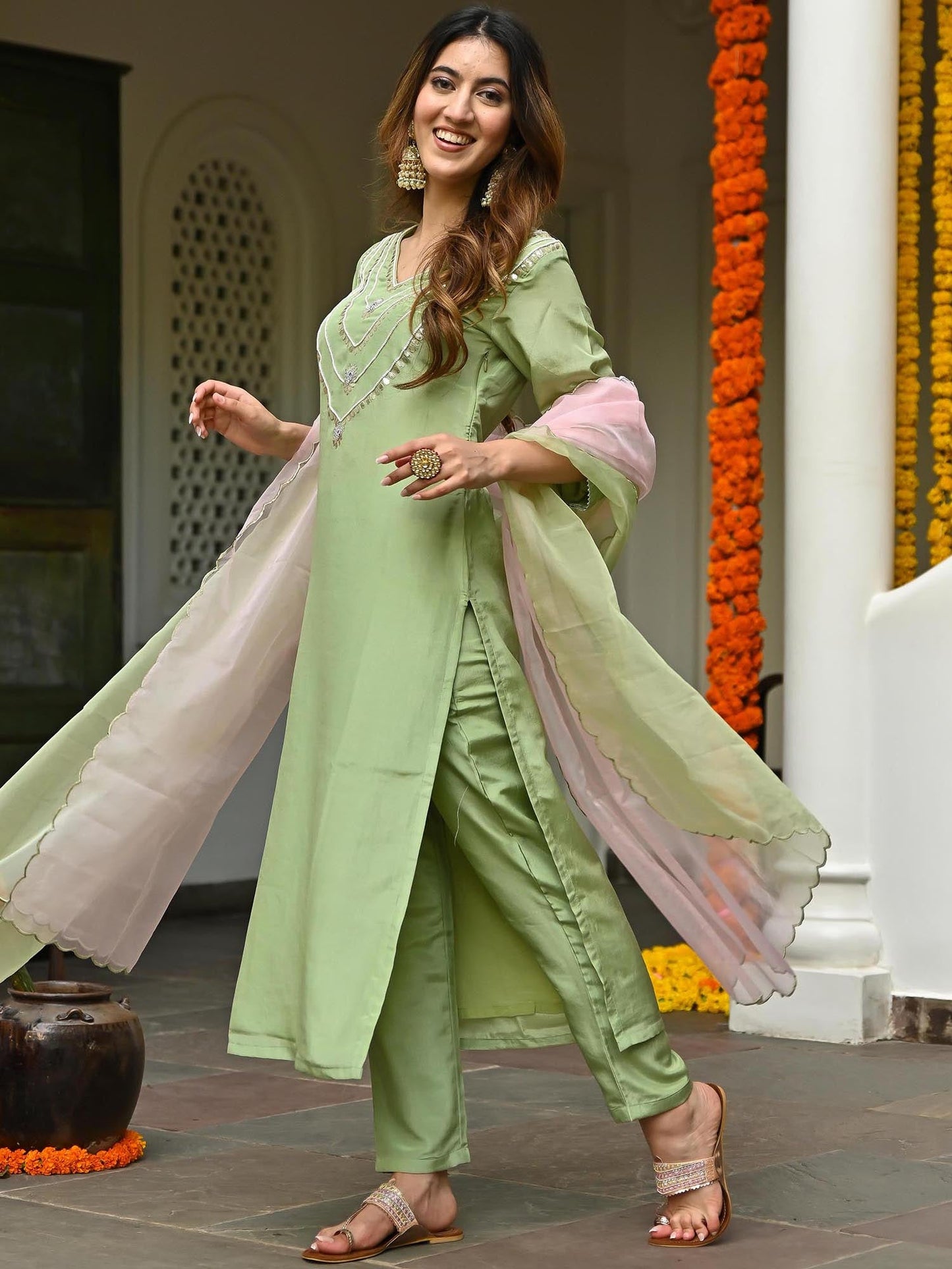 Green Silk Embroidered Kurta Set