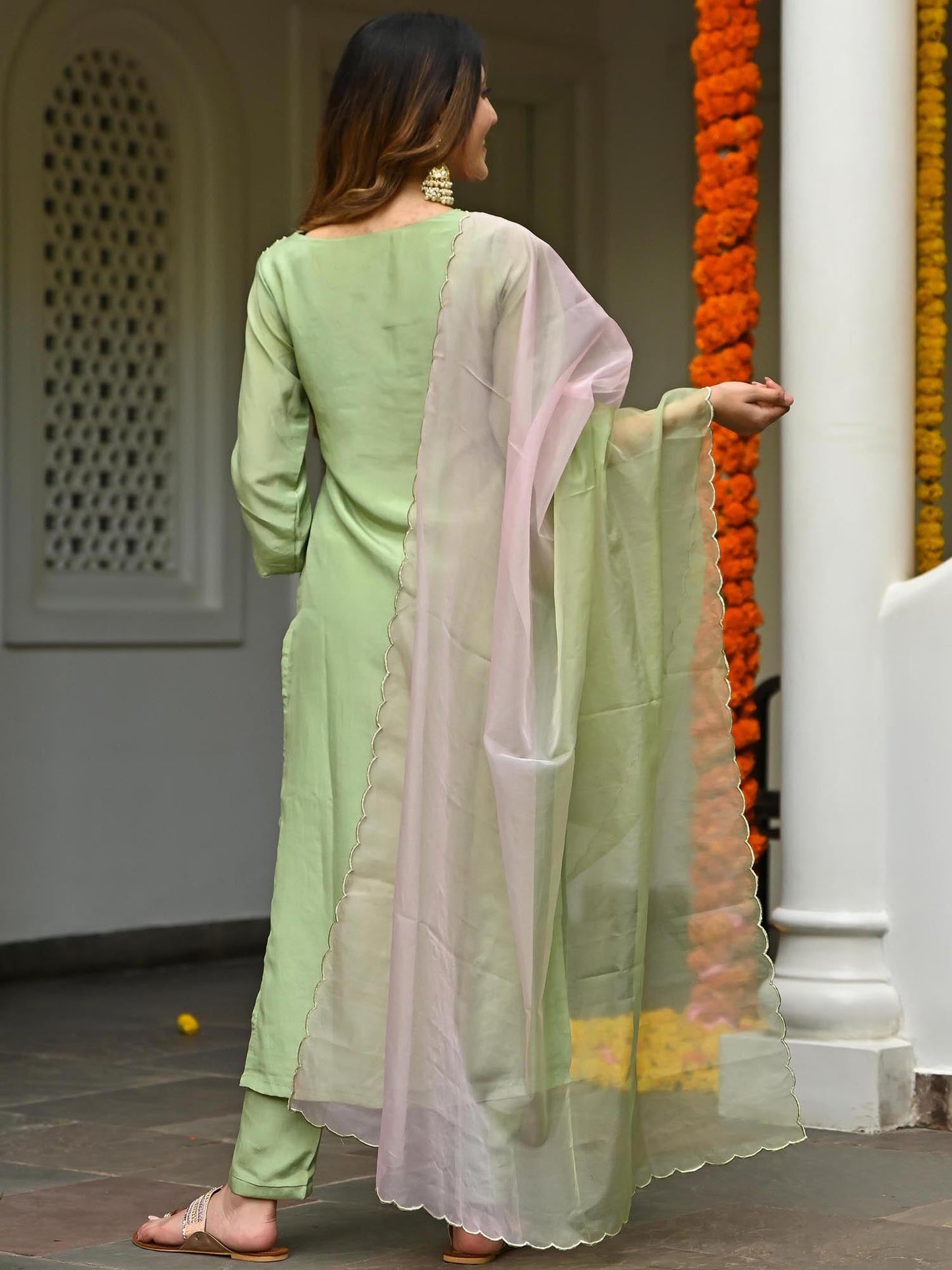 Green Silk Embroidered Kurta Set