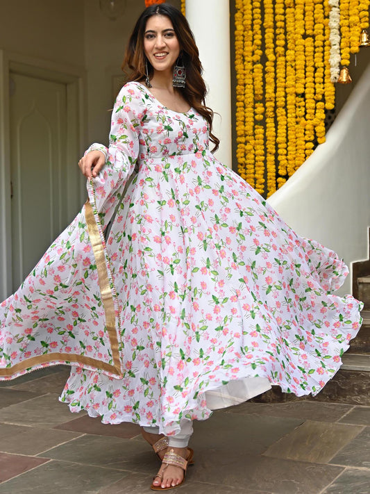 White Printed  Anarkali
