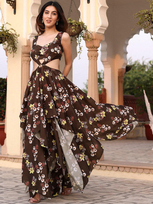 Olive Green Printed High Low Dress