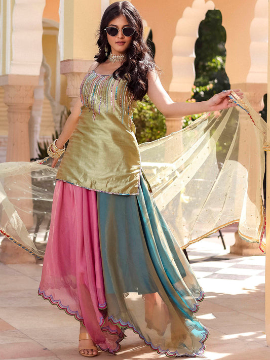 Green Silk Kurta Skirt Set