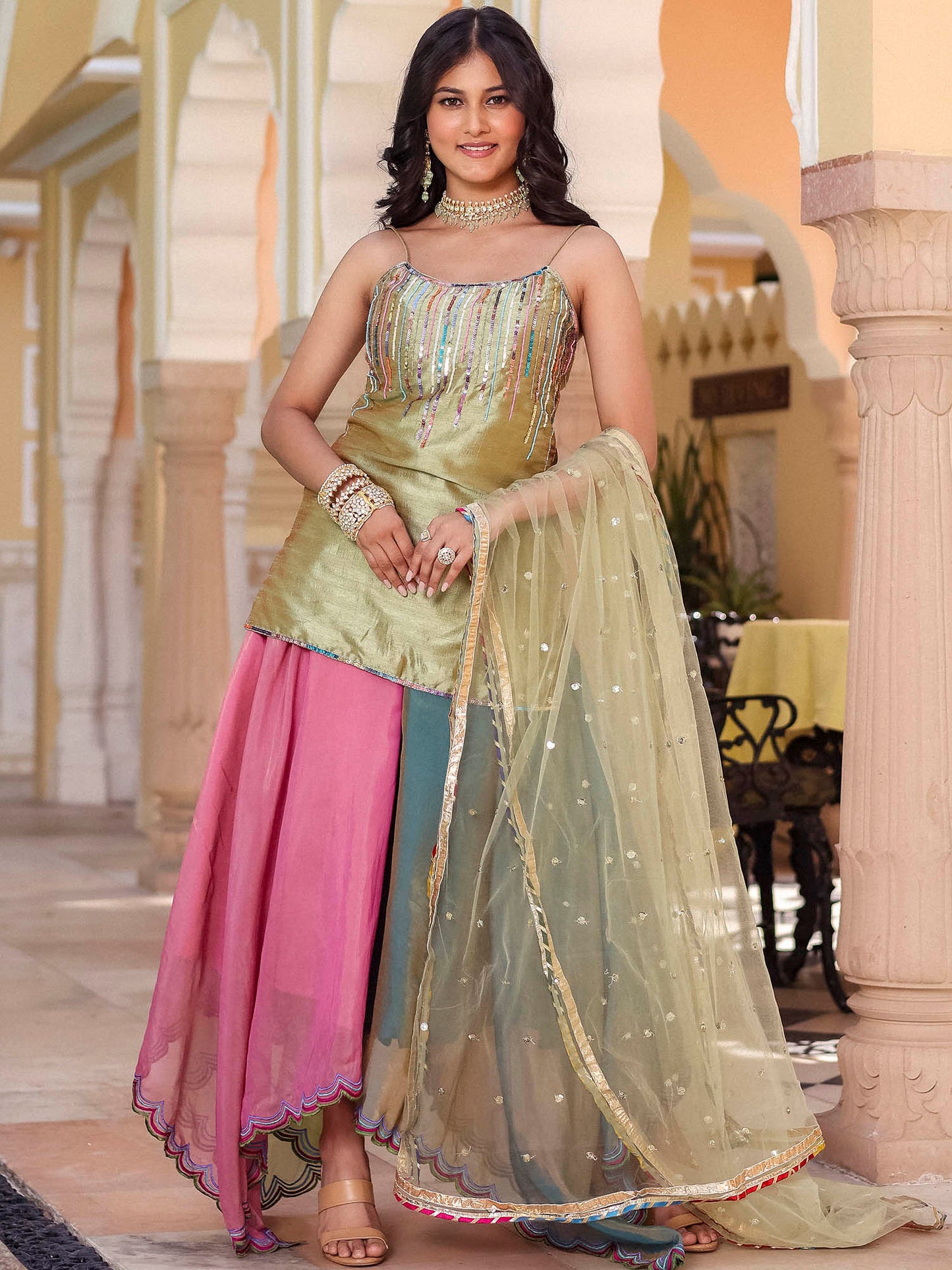 Green Silk Kurta Skirt Set