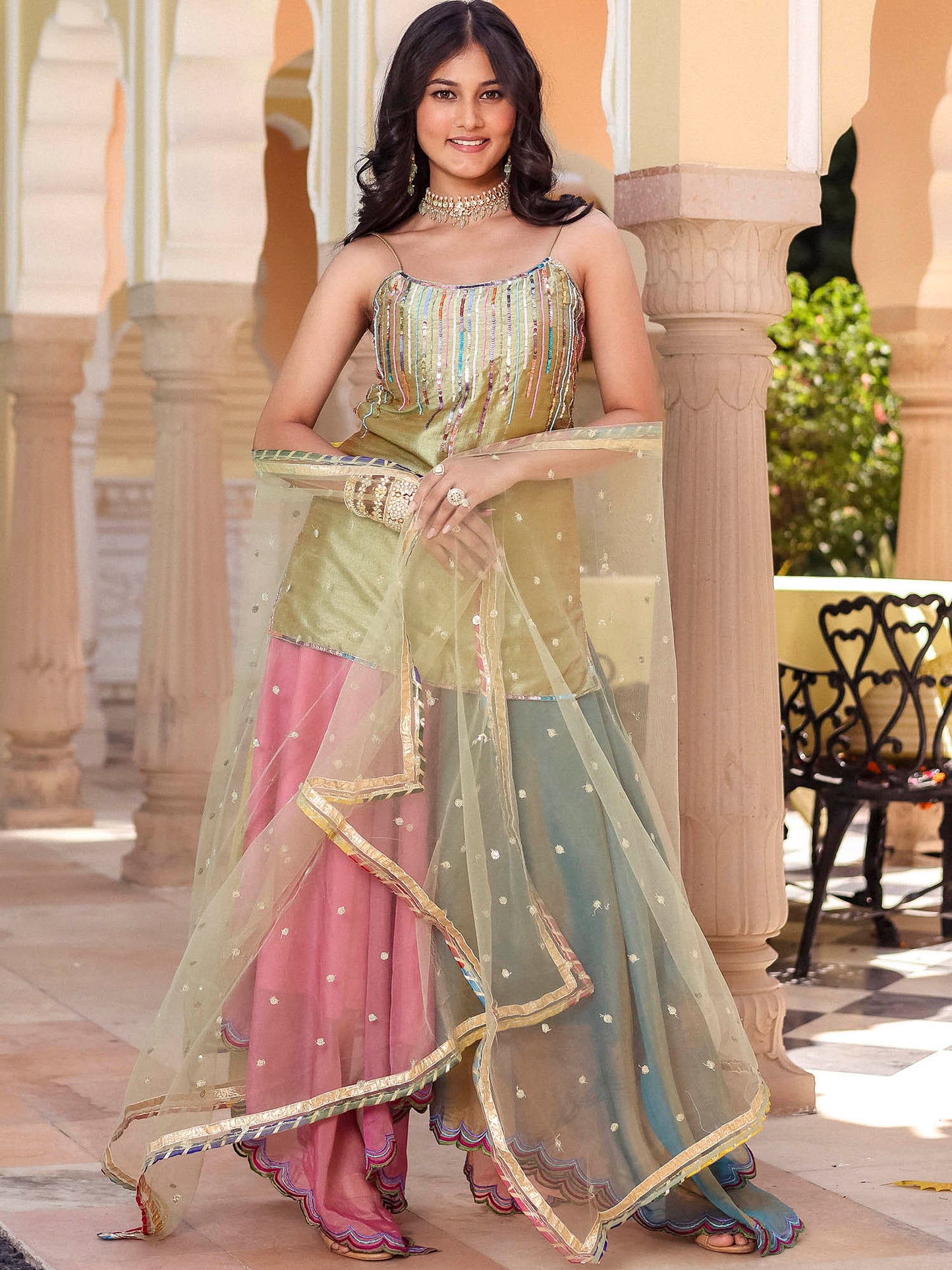 Green Silk Kurta Skirt Set