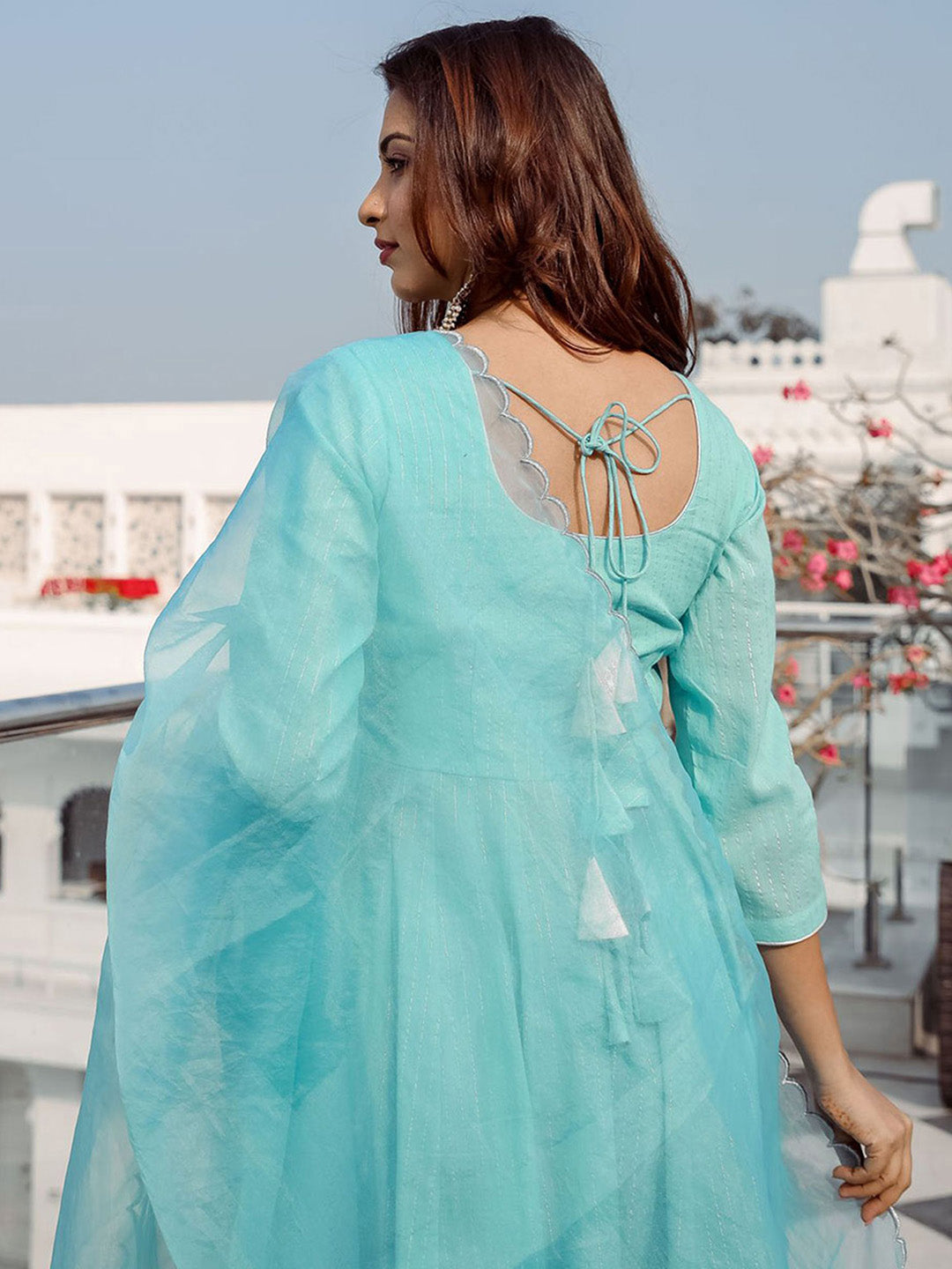 Blue Lurex Cotton Anarkali Set