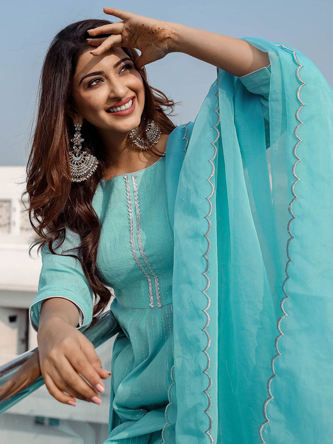 Blue Lurex Cotton Anarkali Set