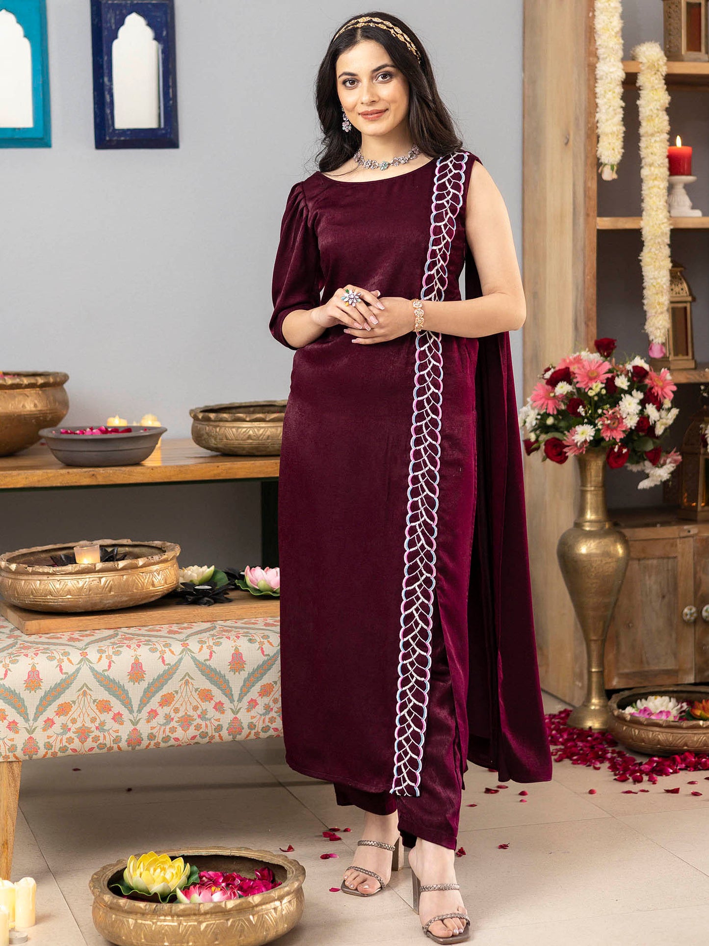 Burgundy Apricot Kurta Set