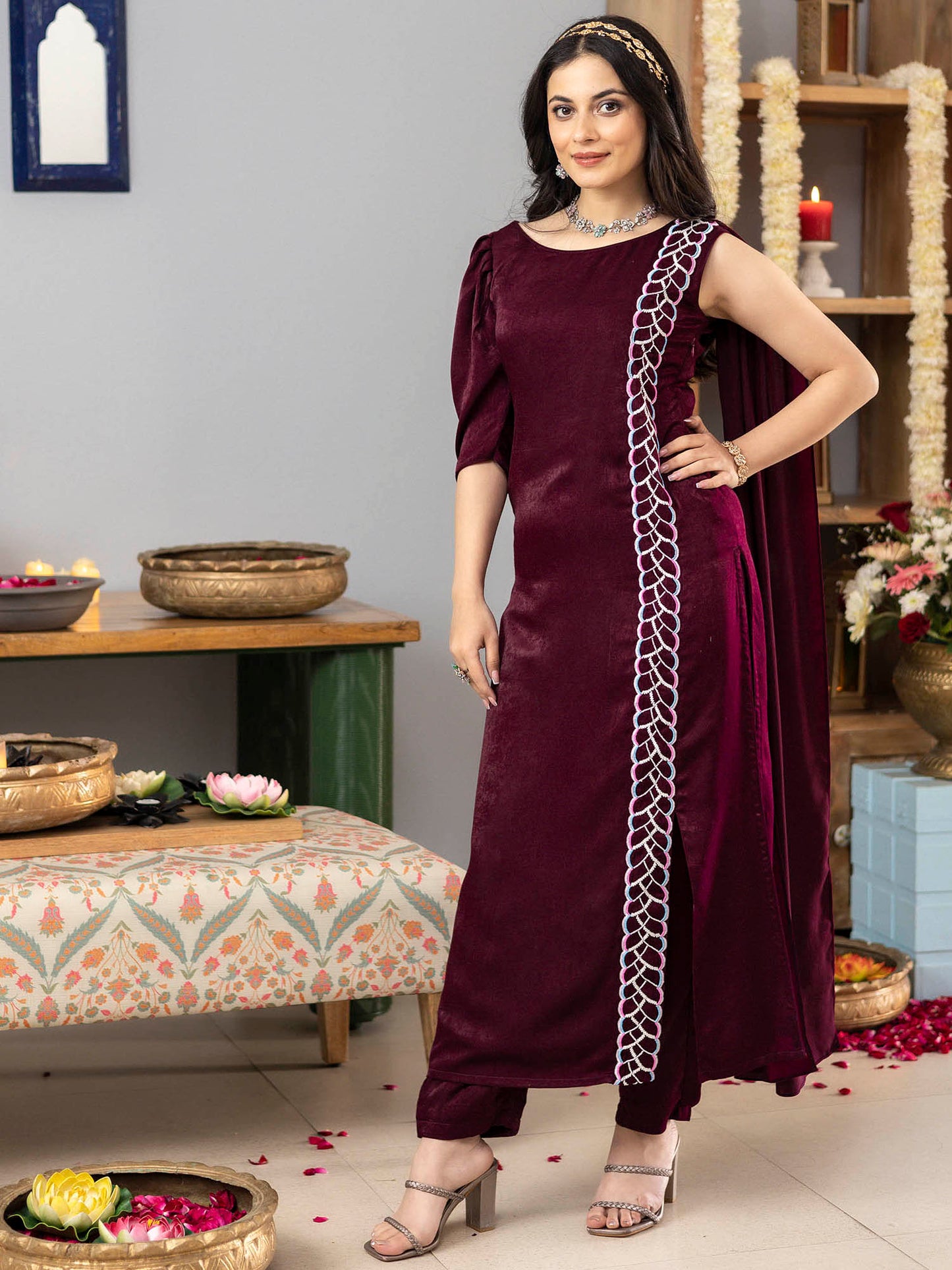 Burgundy Apricot Kurta Set