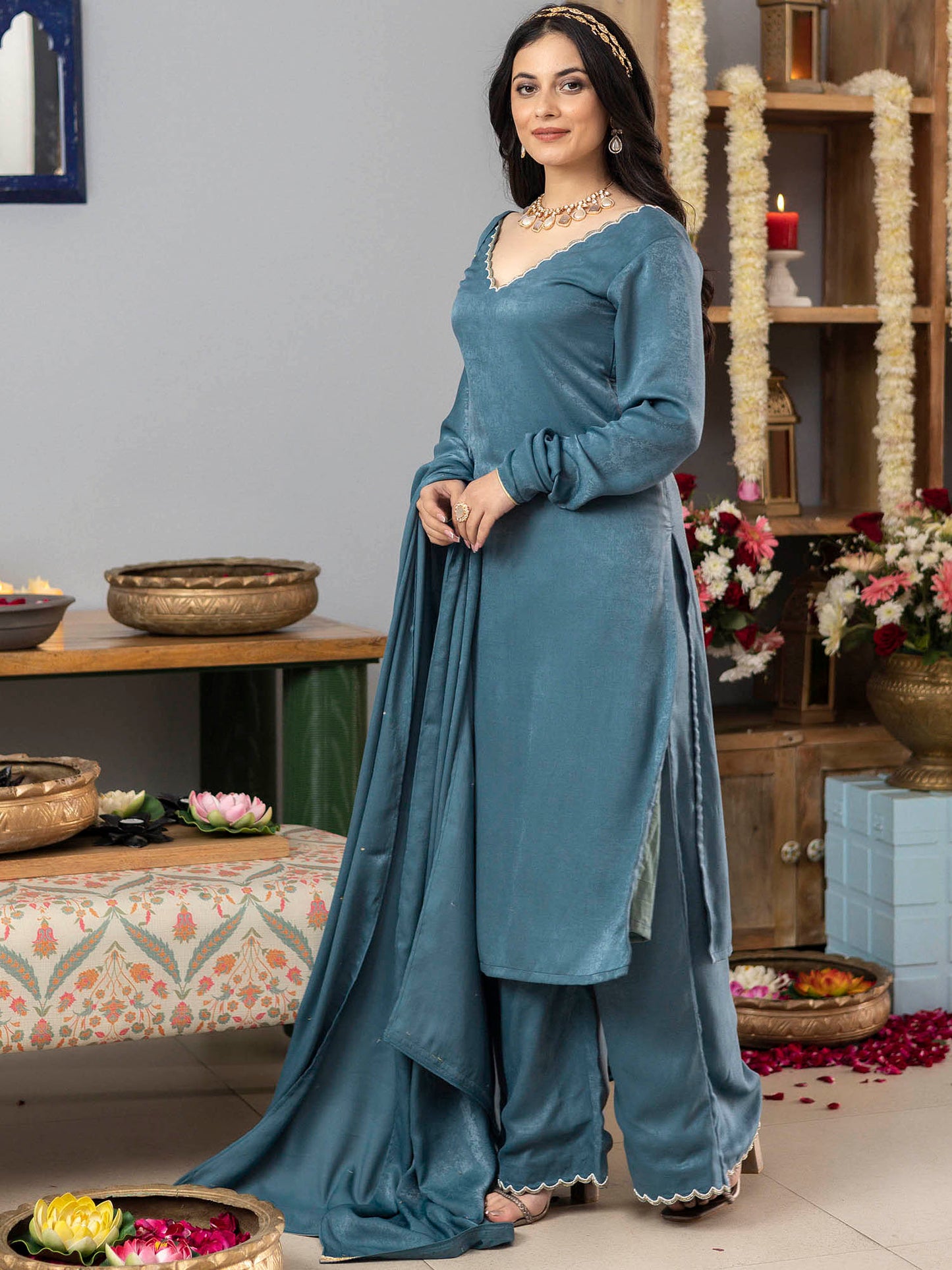 Earthy Blue Apricot Kurta Set