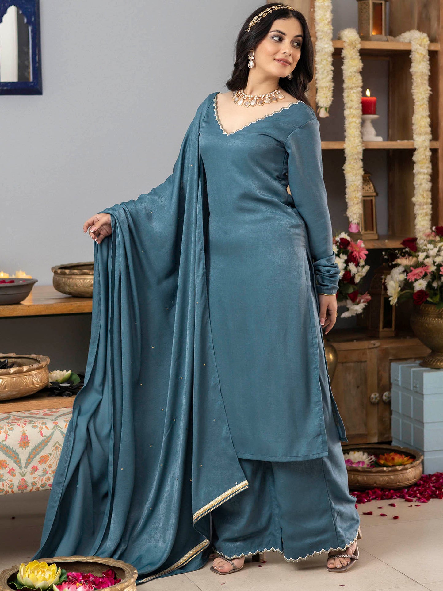 Earthy Blue Apricot Kurta Set