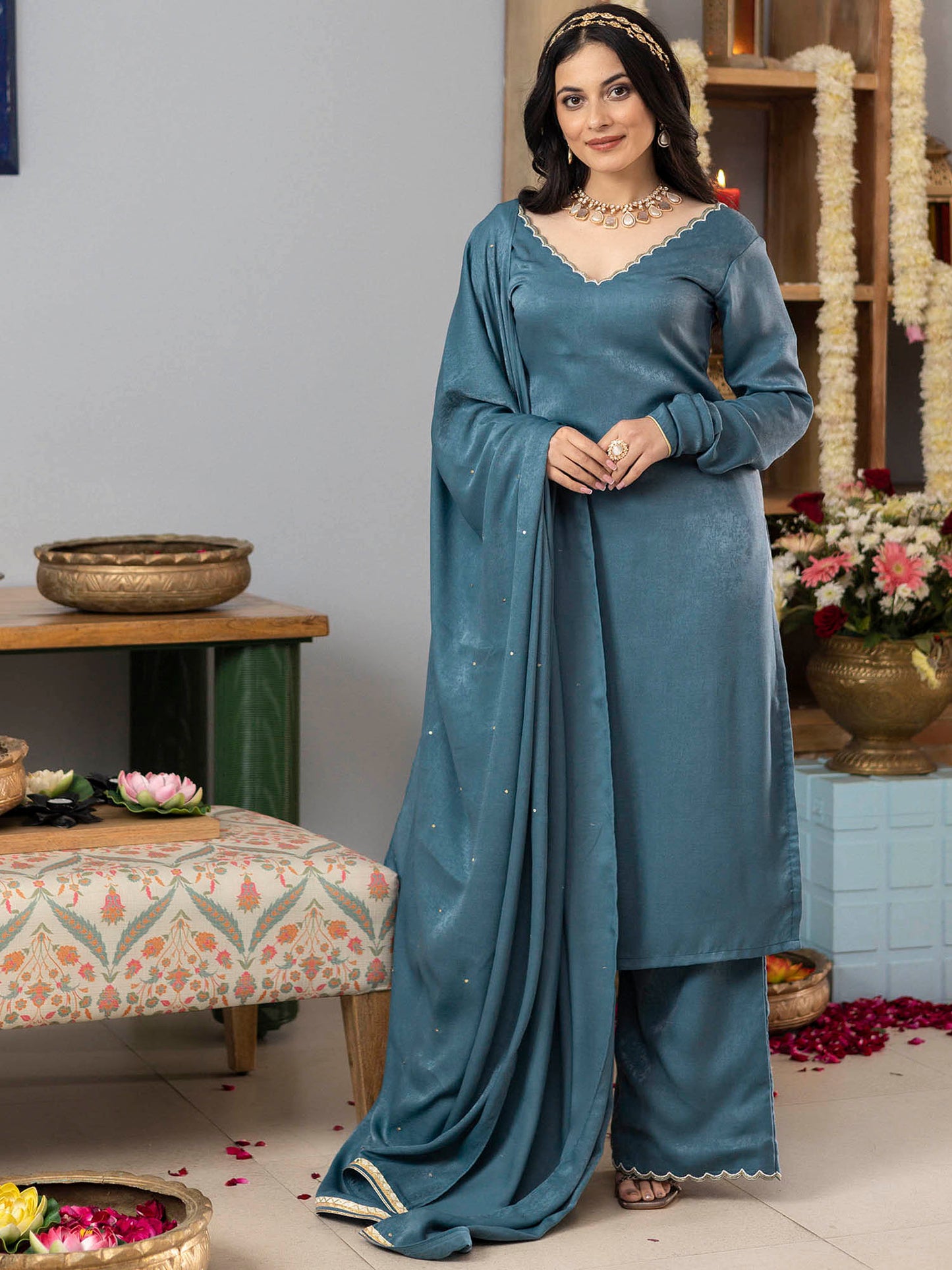 Earthy Blue Apricot Kurta Set