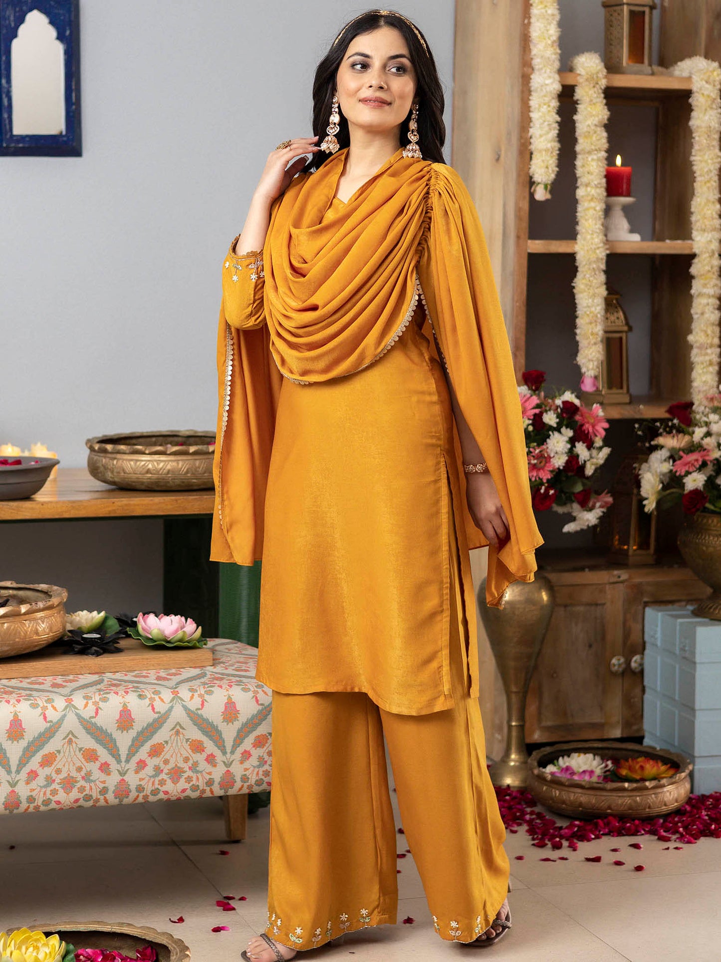 Mustard One Shoulder Apricot Kurta Set With Cape