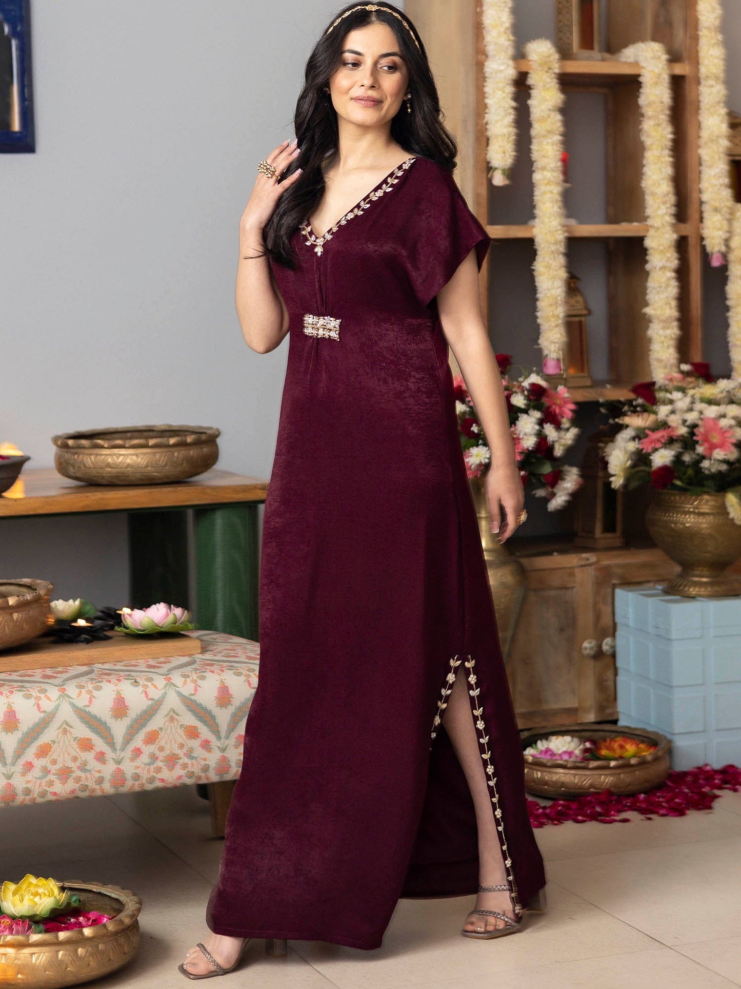 Burgundy Apricot kaftan Dress