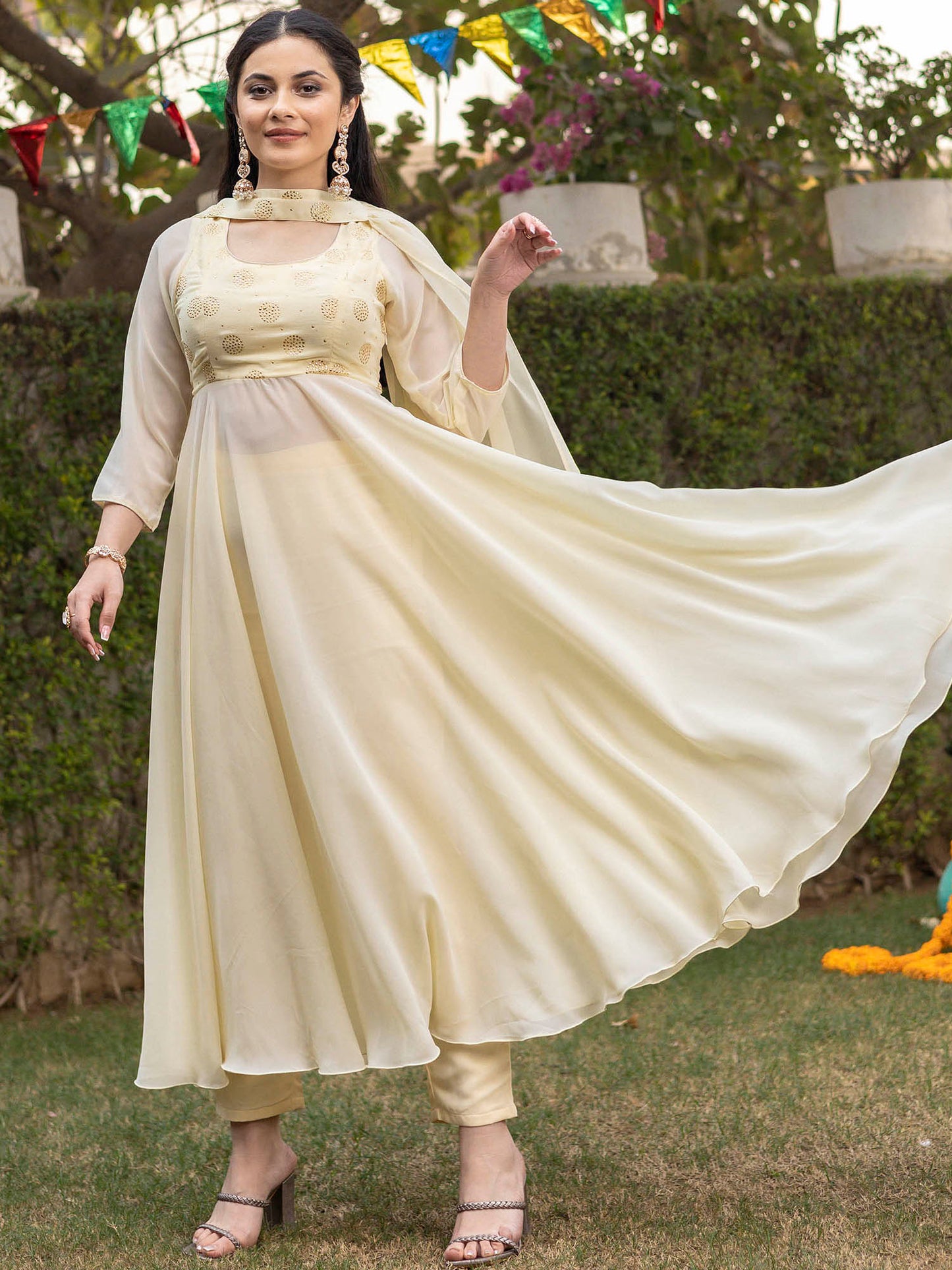 Lemon Yellow Mukaish Anarkali Set