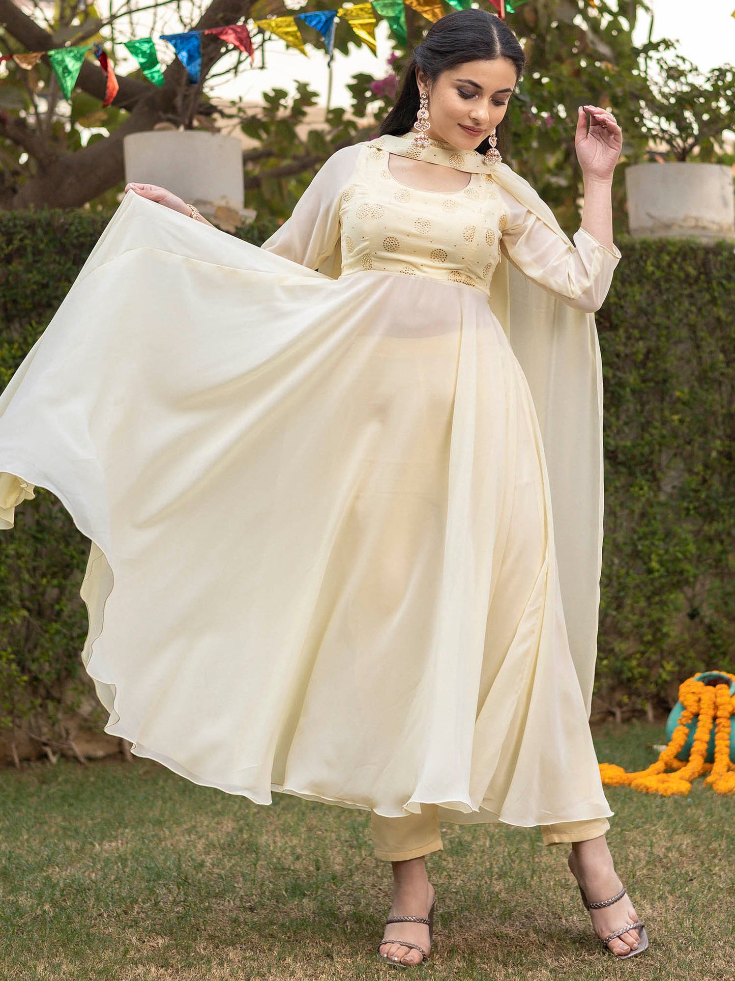 Lemon Yellow Mukaish Anarkali Set