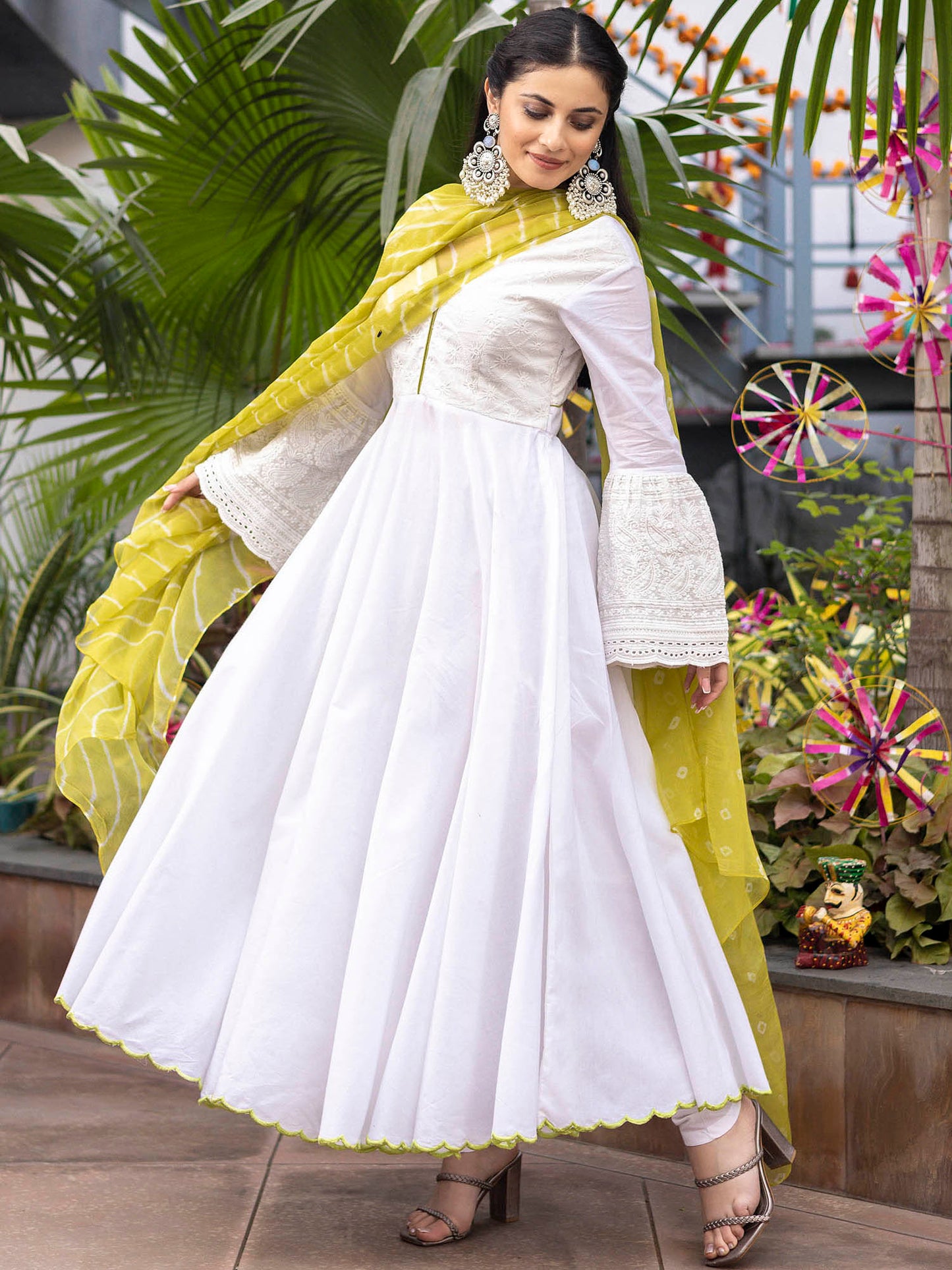 White Schiffli Anarkali Set