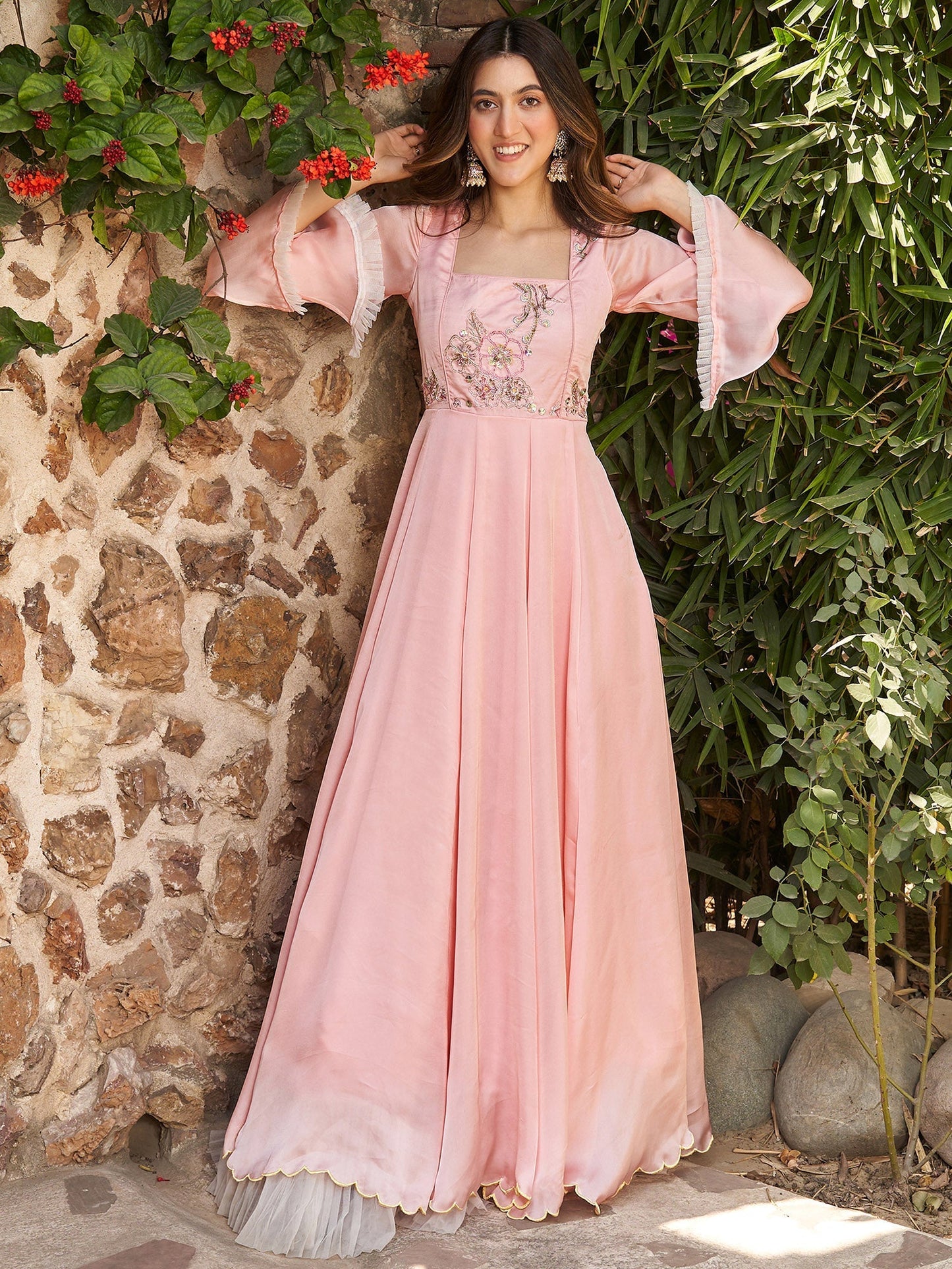 PEACH HAND EMBROIDERED GOWN