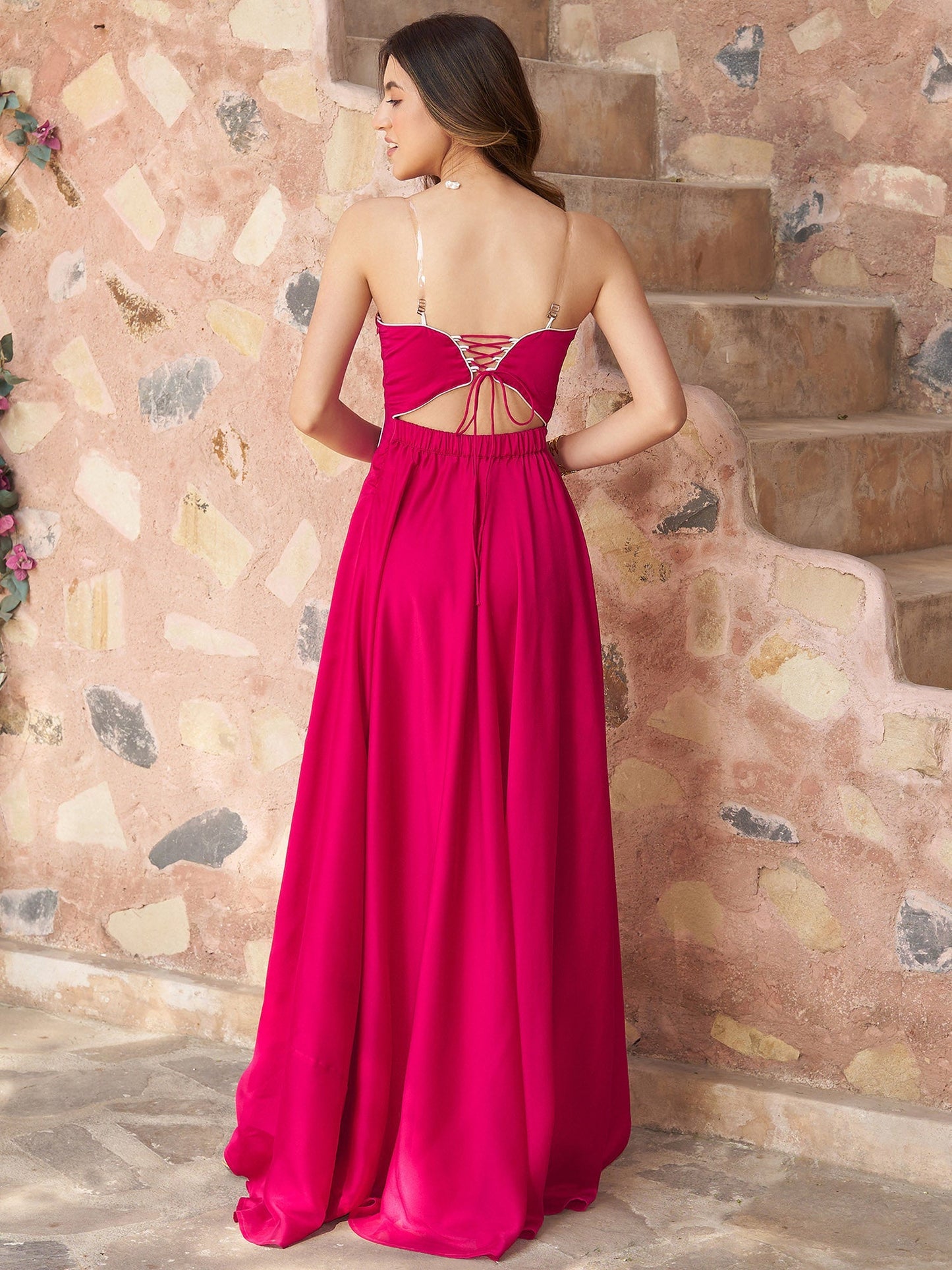 Ruby Pink Off Shoulder High Low Gown