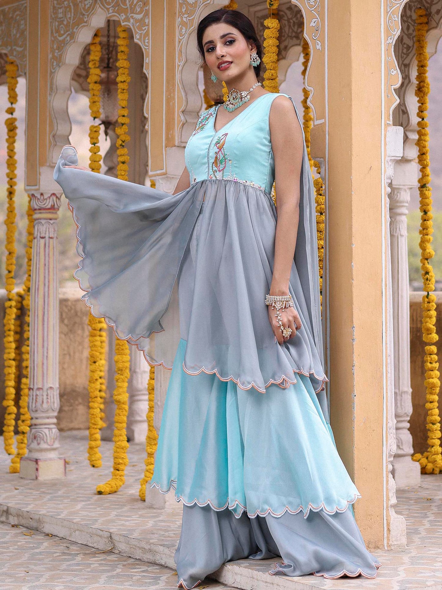 BLUE GREY GHARARA SET
