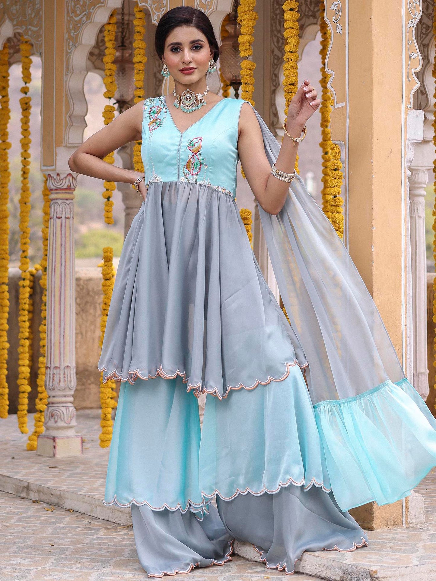 BLUE GREY GHARARA SET
