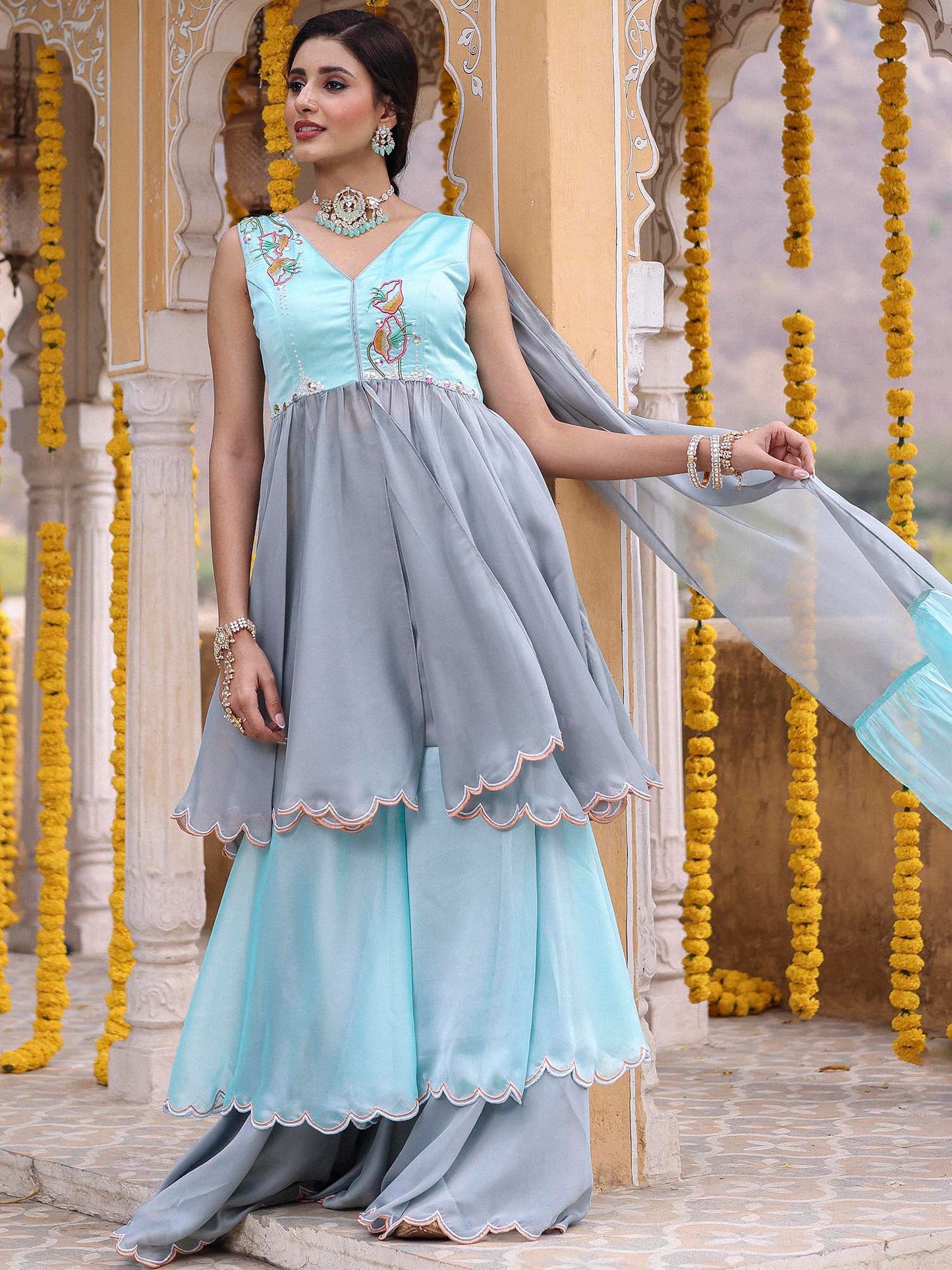 BLUE GREY GHARARA SET